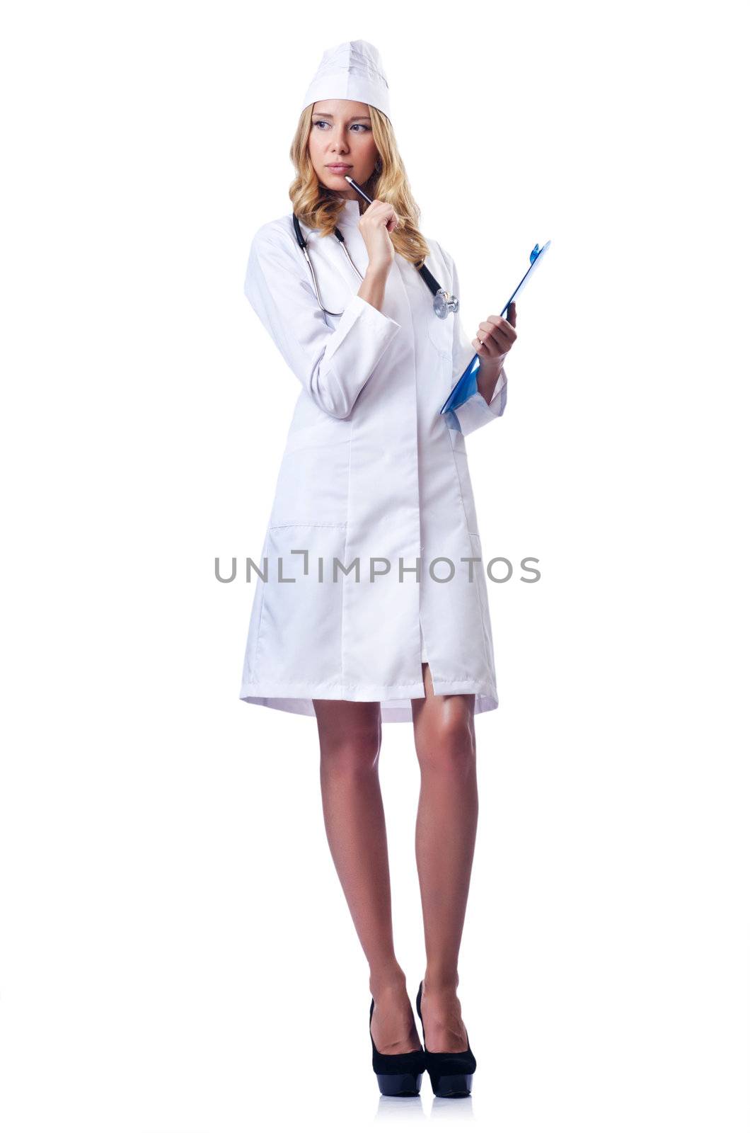 Young woman doctor on white