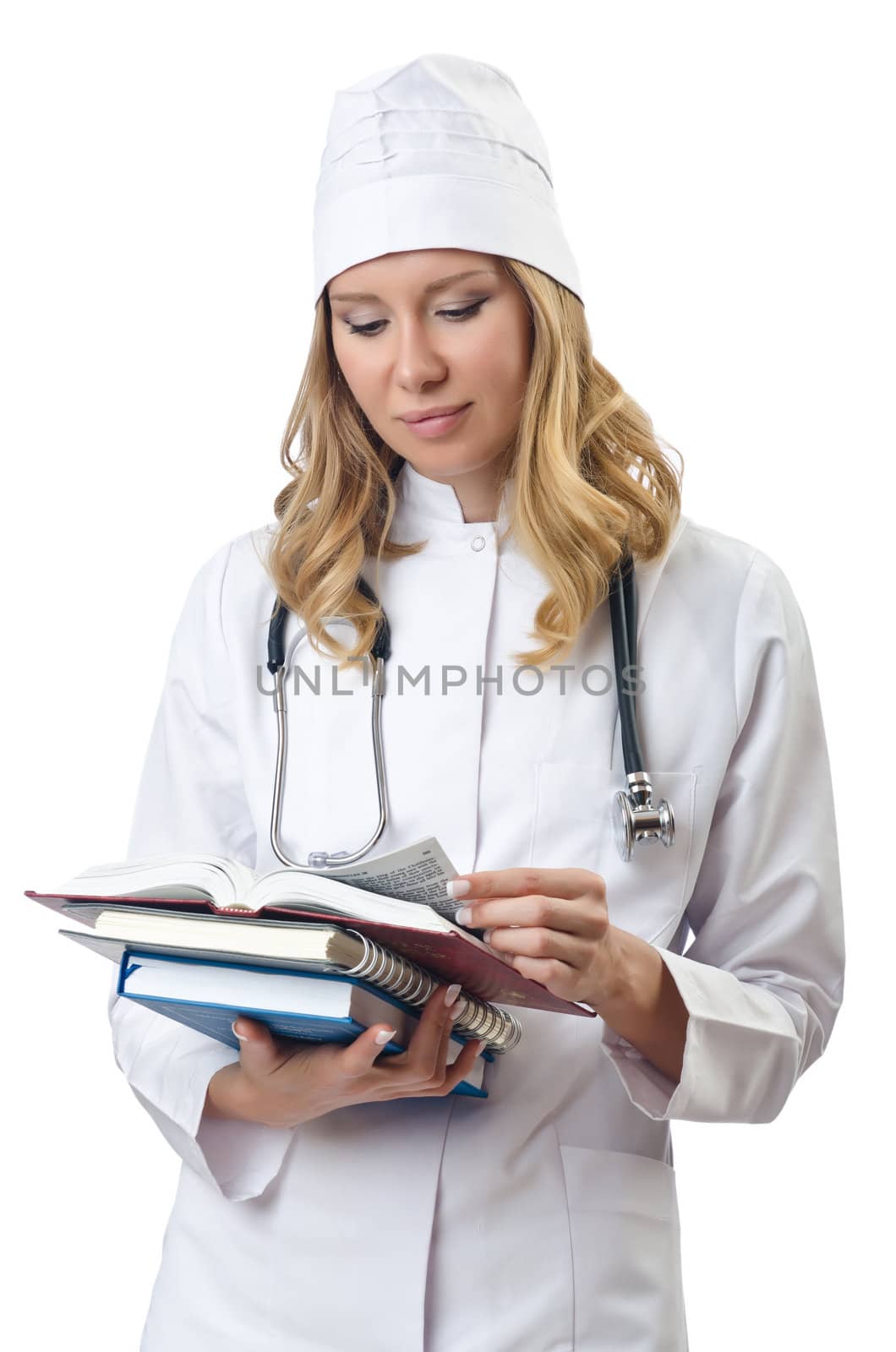 Woman doctor isolated on white