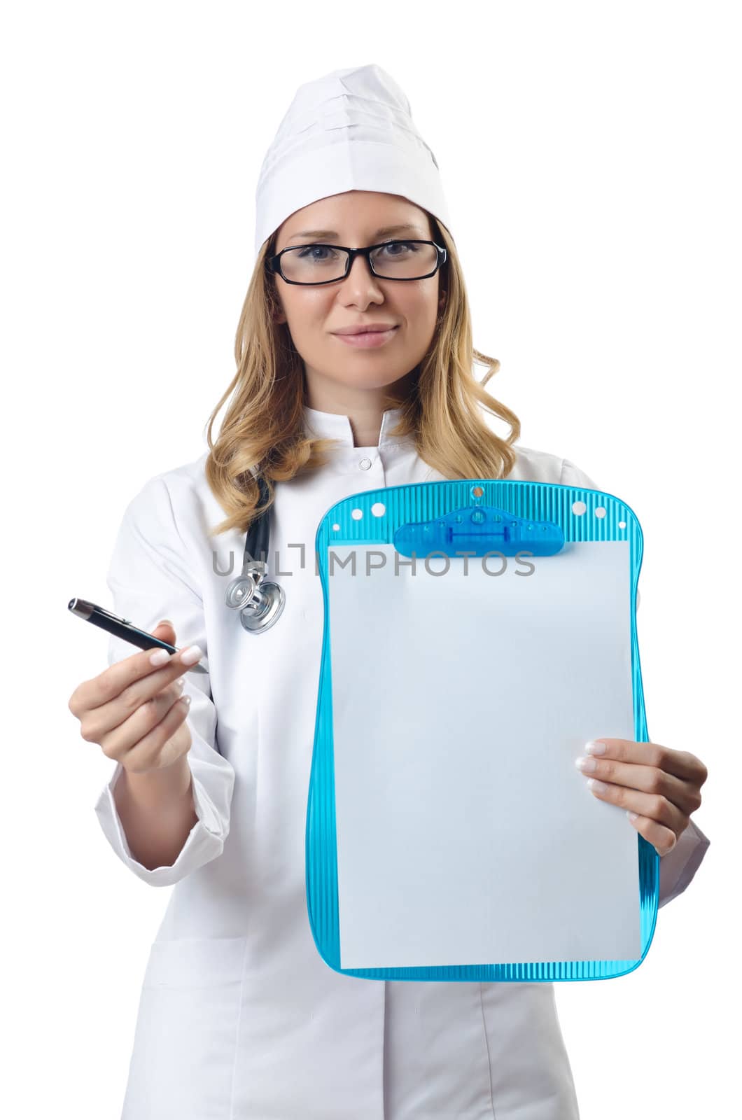 Woman doctor isolated on white