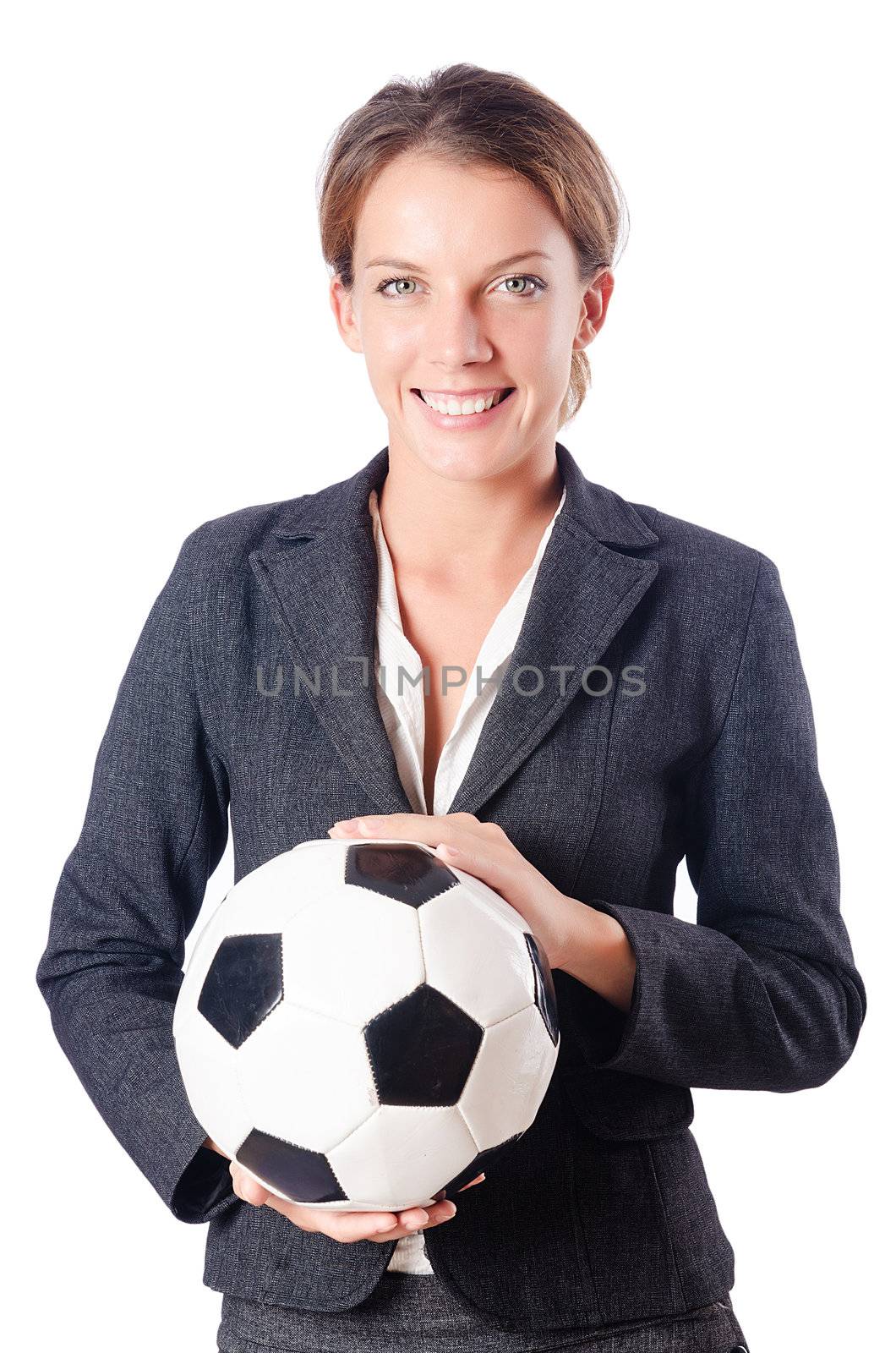 Businesswoman with football on white