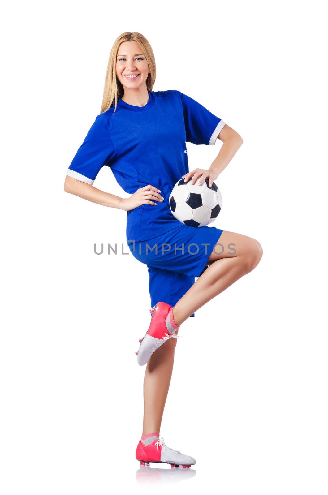 Woman playing football on white
