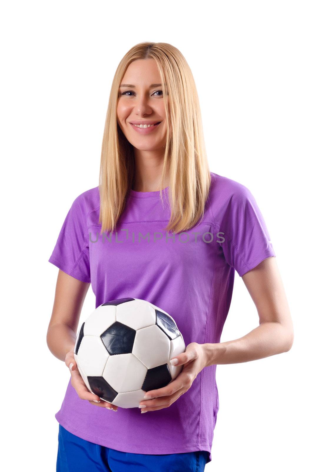 Woman playing football on white