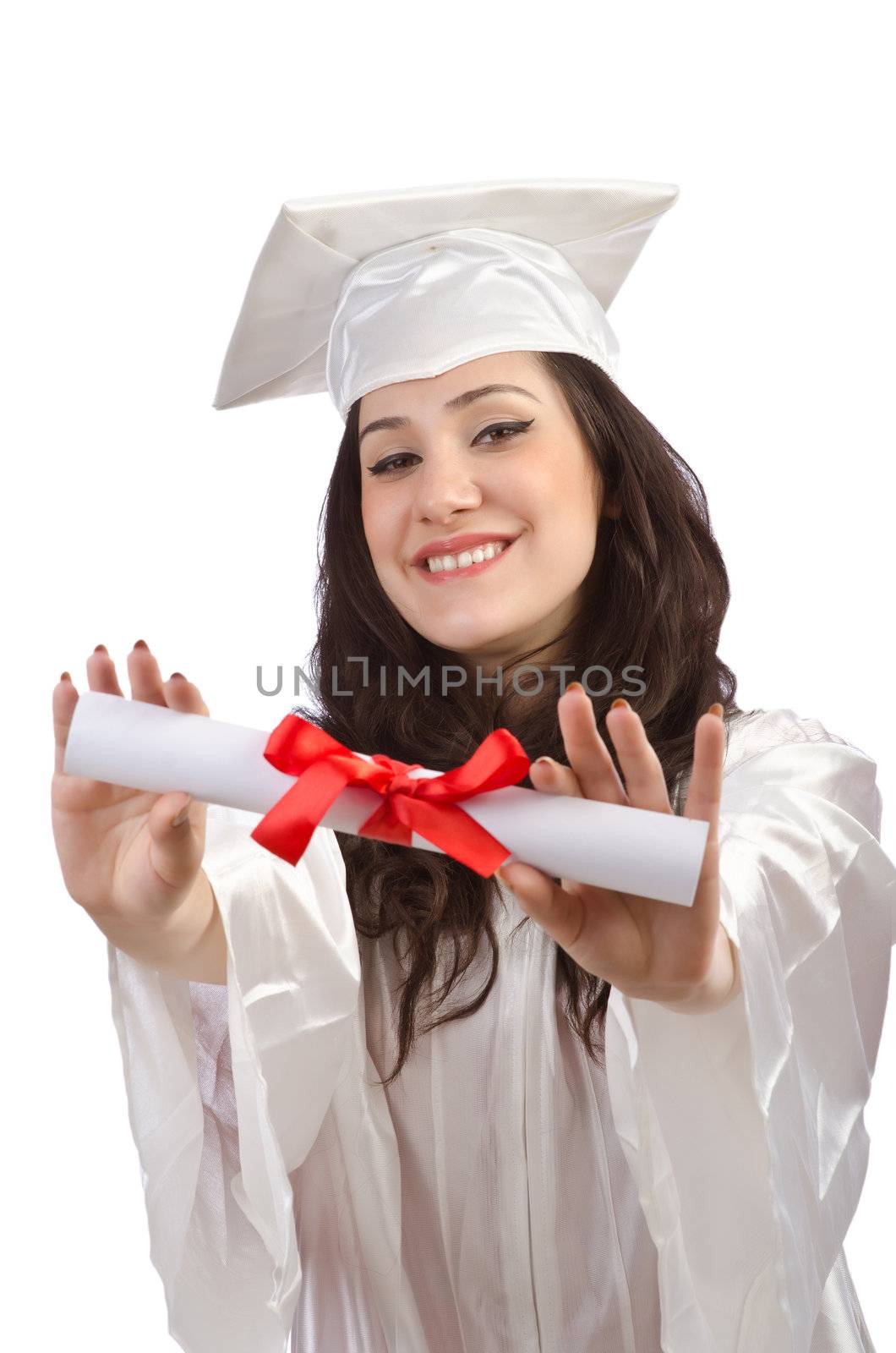 Happy graduate on white background