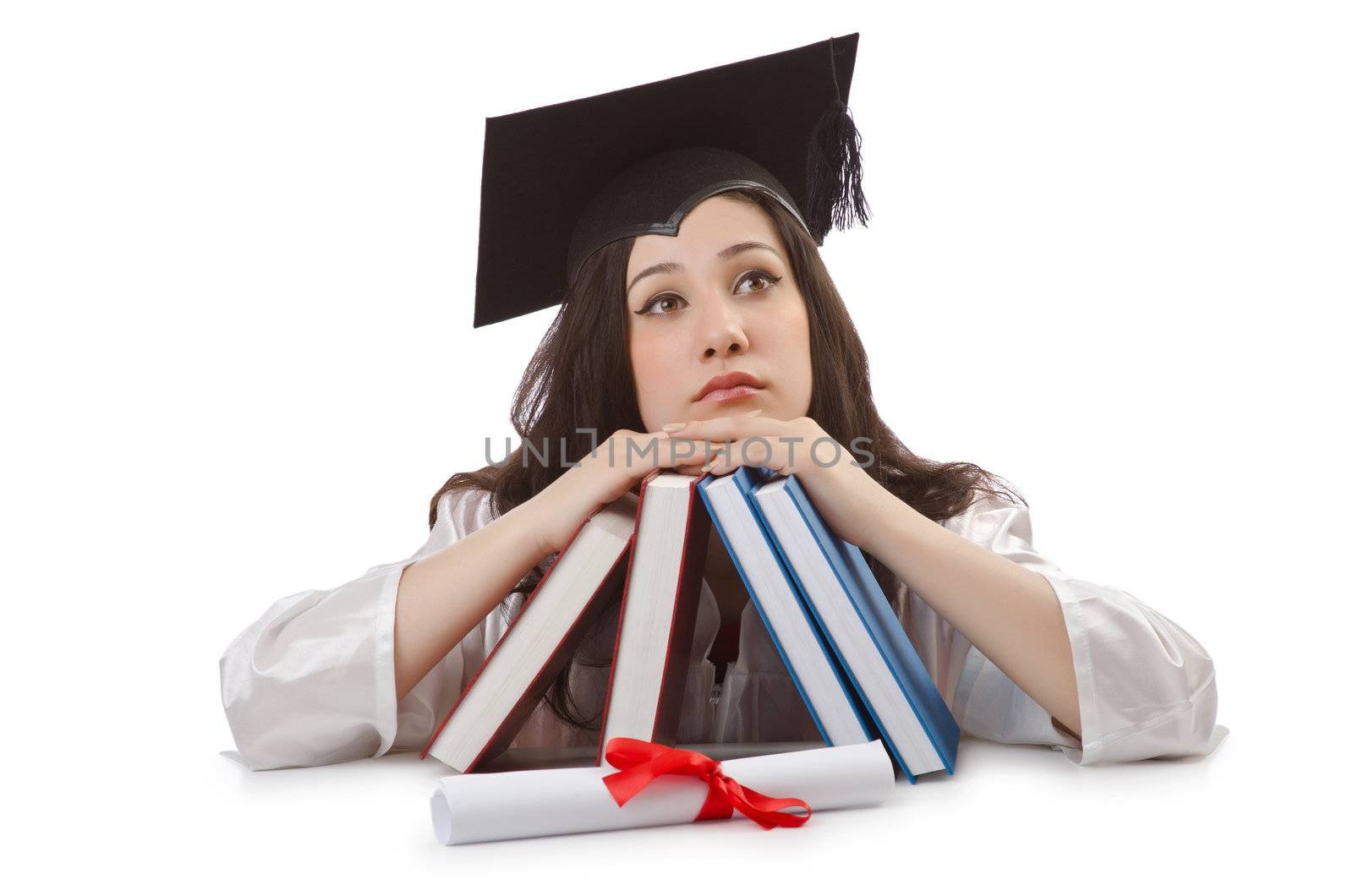 Young student with diploma on white