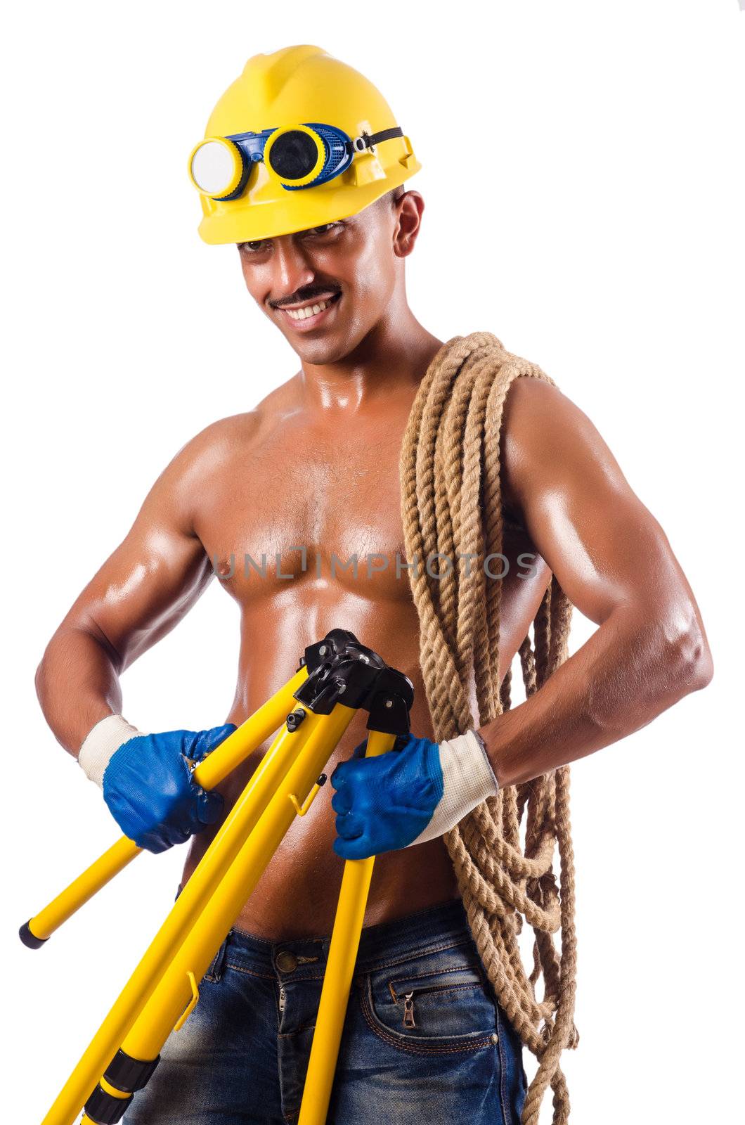 Muscular builder with tools isolated on white