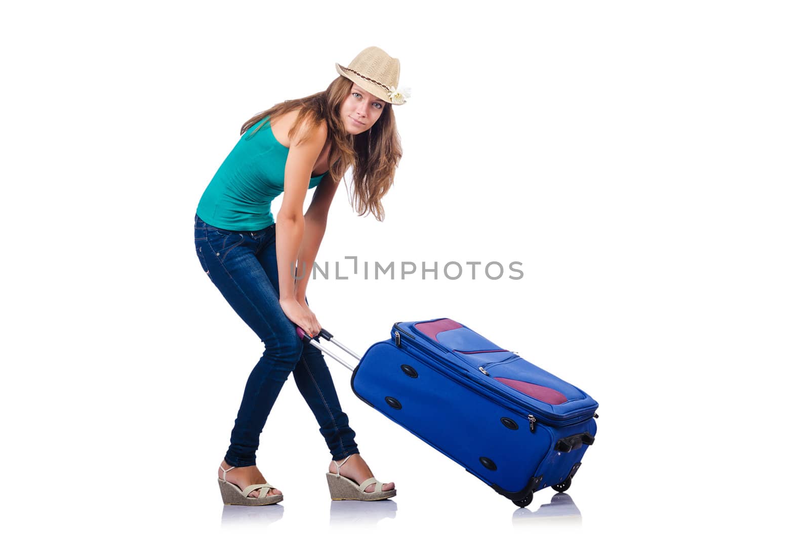 young girl with suitcase on white