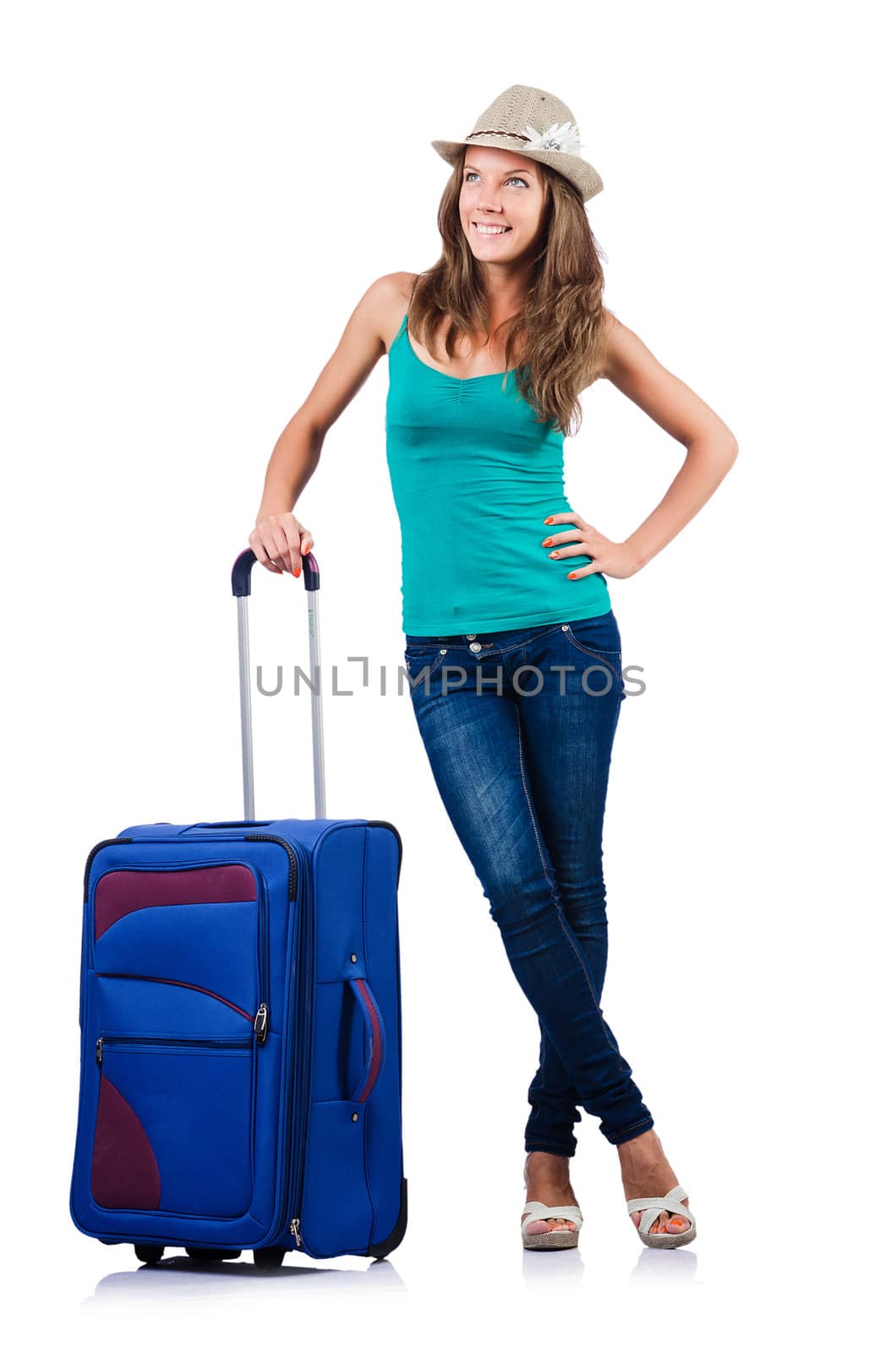 young girl with suitcase on white