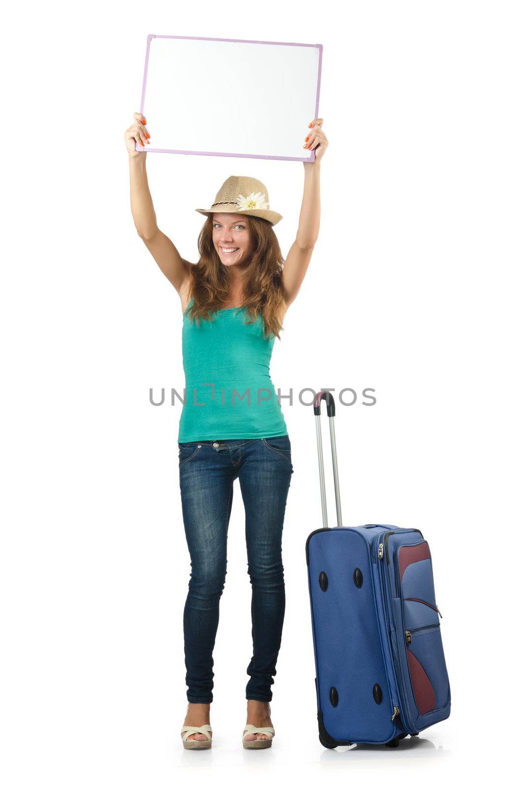 Young traveller with blank board