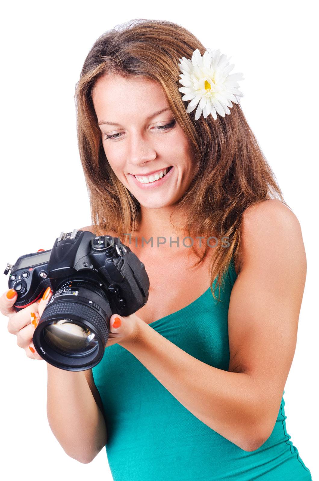 Attractive female photographer on white