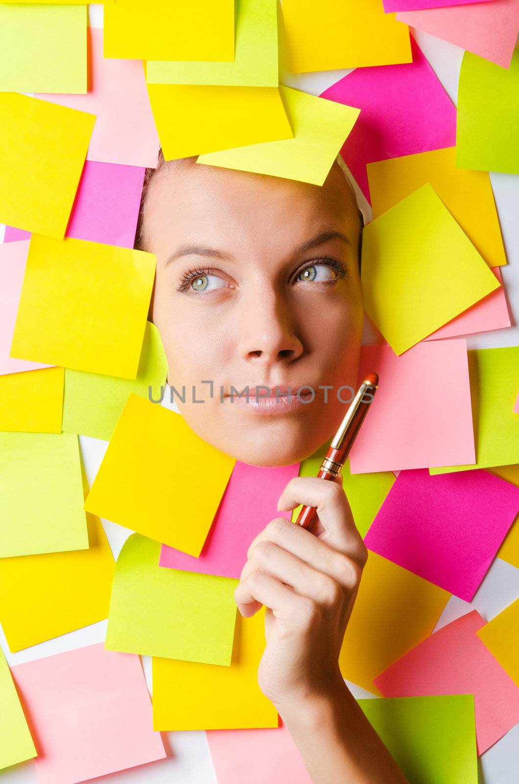 Woman with lots of reminder notes