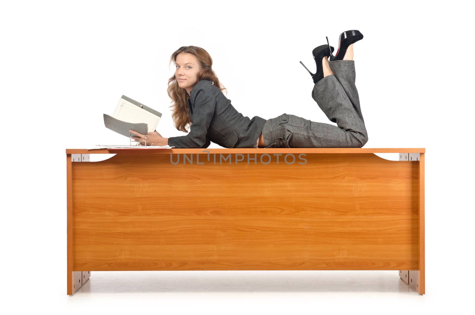 Busy businesswoman isolated on the white