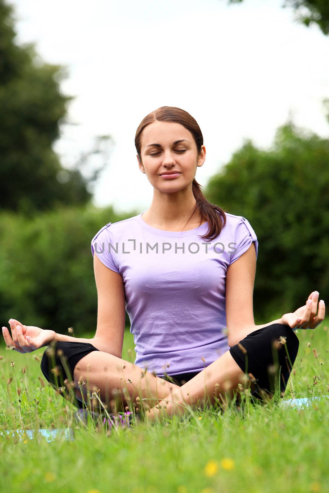 Young and beautiful woman doing her yoga workout on the park`s lawn