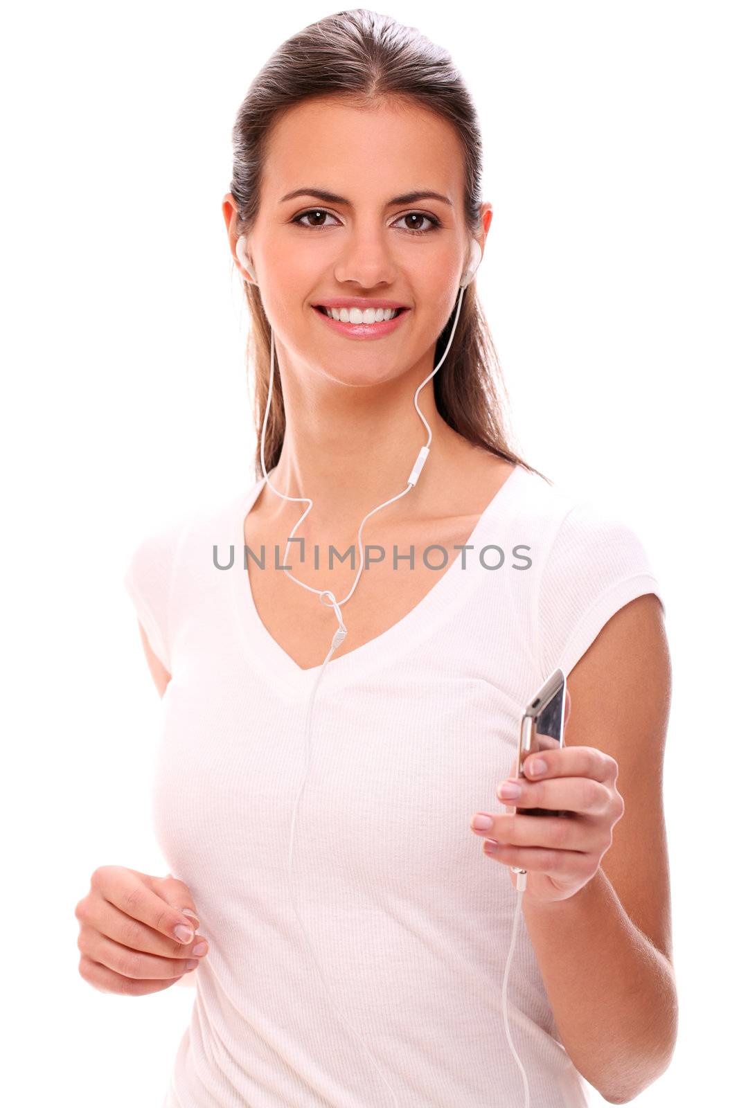 Portrait of beautiful running woman with headphones