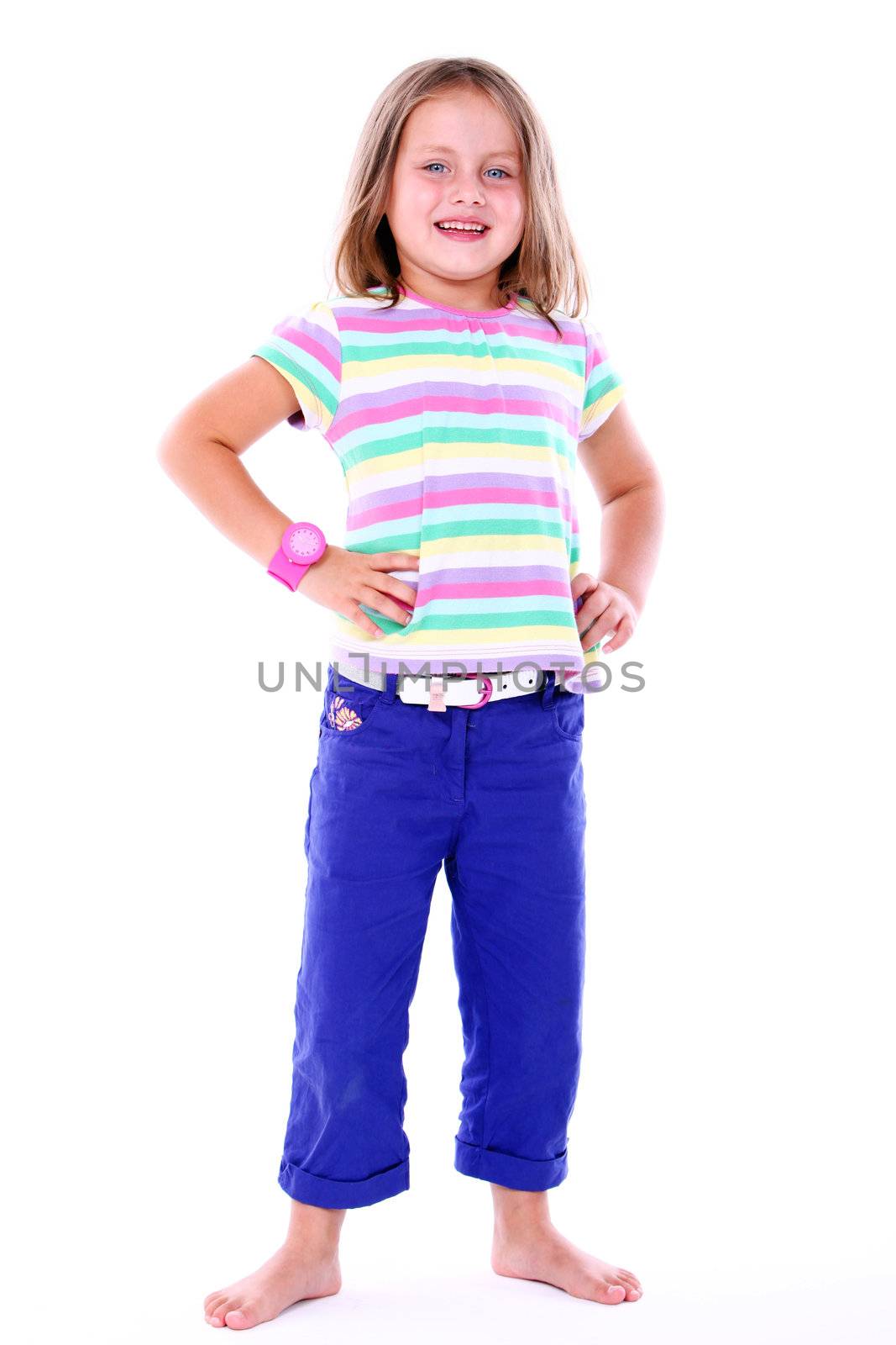 Little girl in colored t-shirt on white backgrund