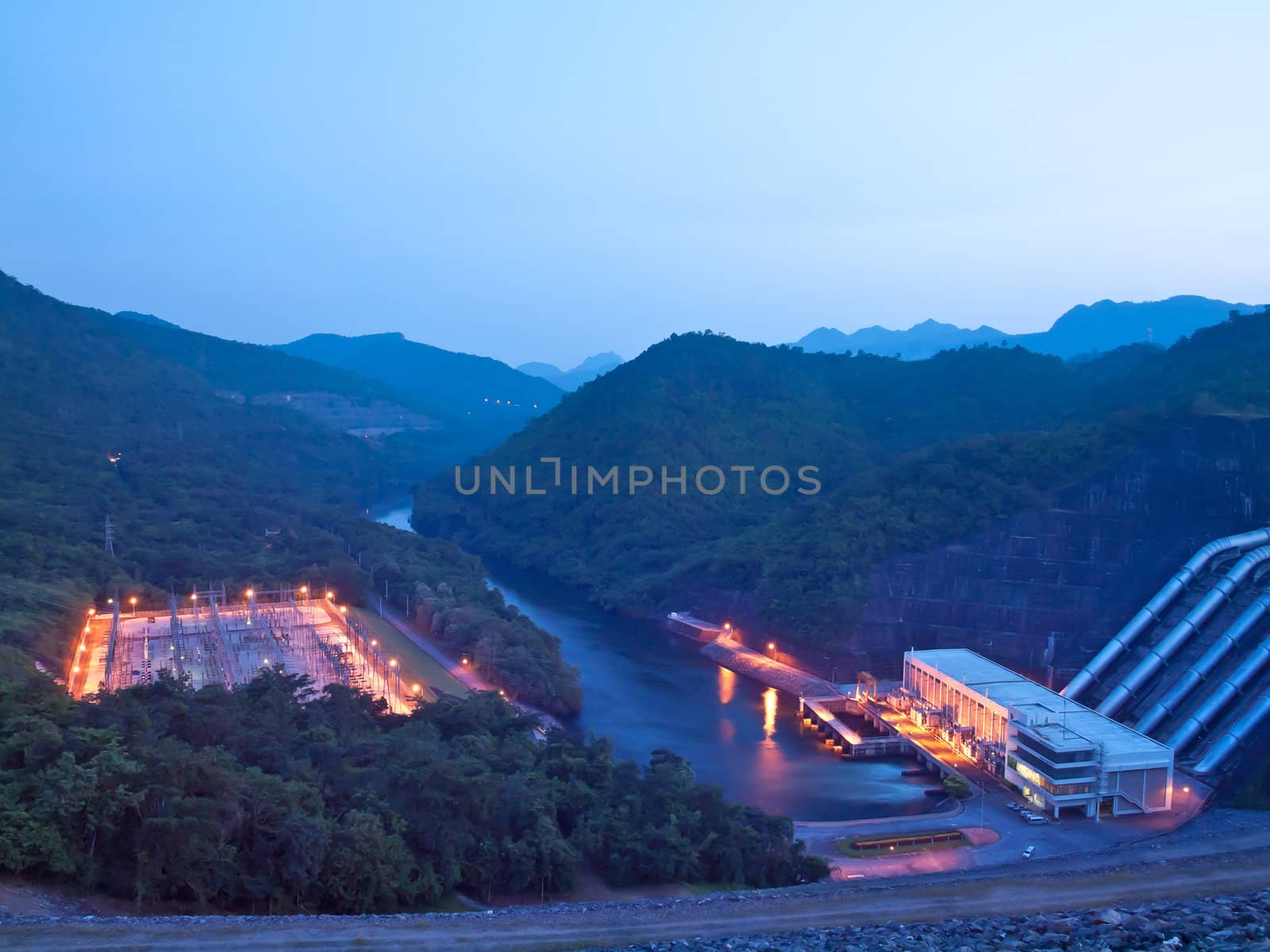 Electricity Generator front of Sri Nakharin Dam at night, Kanchanaburi, Thailand