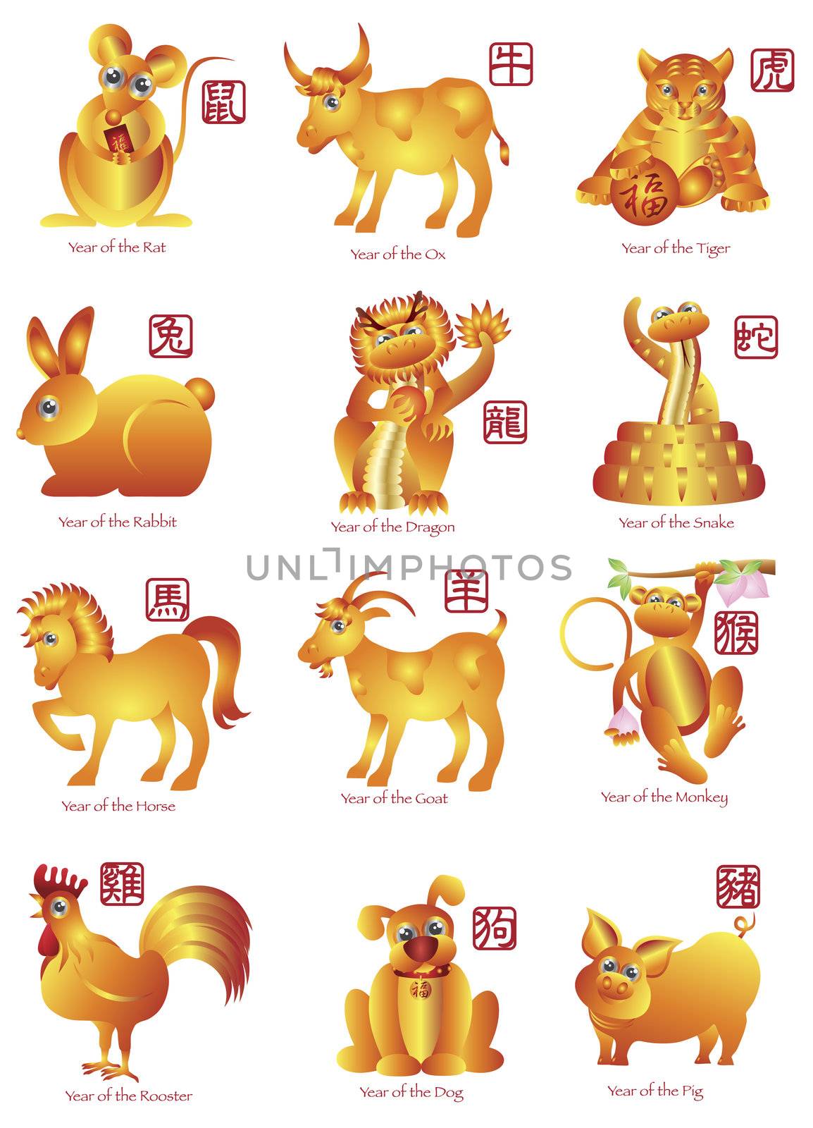 Chinese New Year Twelve Zodiac Horoscope Animals Illustration with Chinese Seal Text