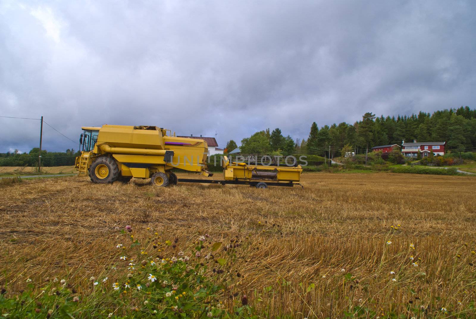 combine harvesters, new holland tx62 in a field in a rural village in halden called asak, image is shot in september 2012
