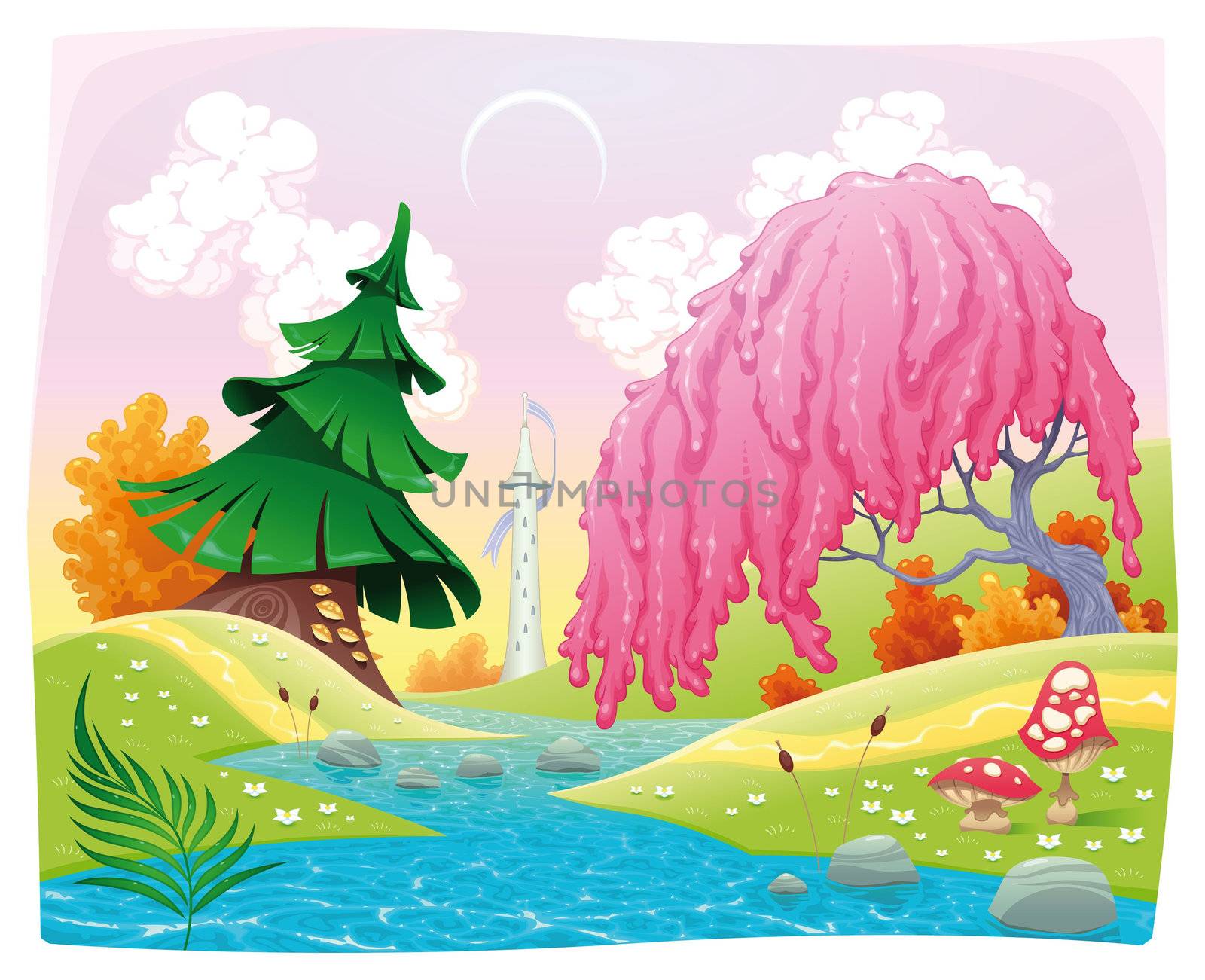 Fantasy landscape on the riverside. Vector illustration. Fantasy landscape on the riverside. Vector illustration.