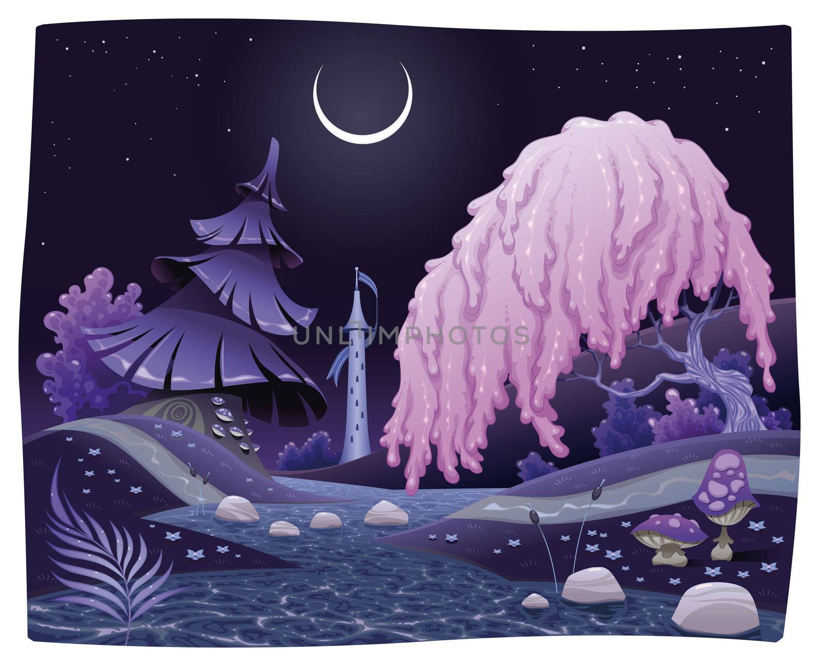 Fantasy nightly landscape on the riverside. Vector illustration. Fantasy nightly landscape on the riverside. Vector illustration.