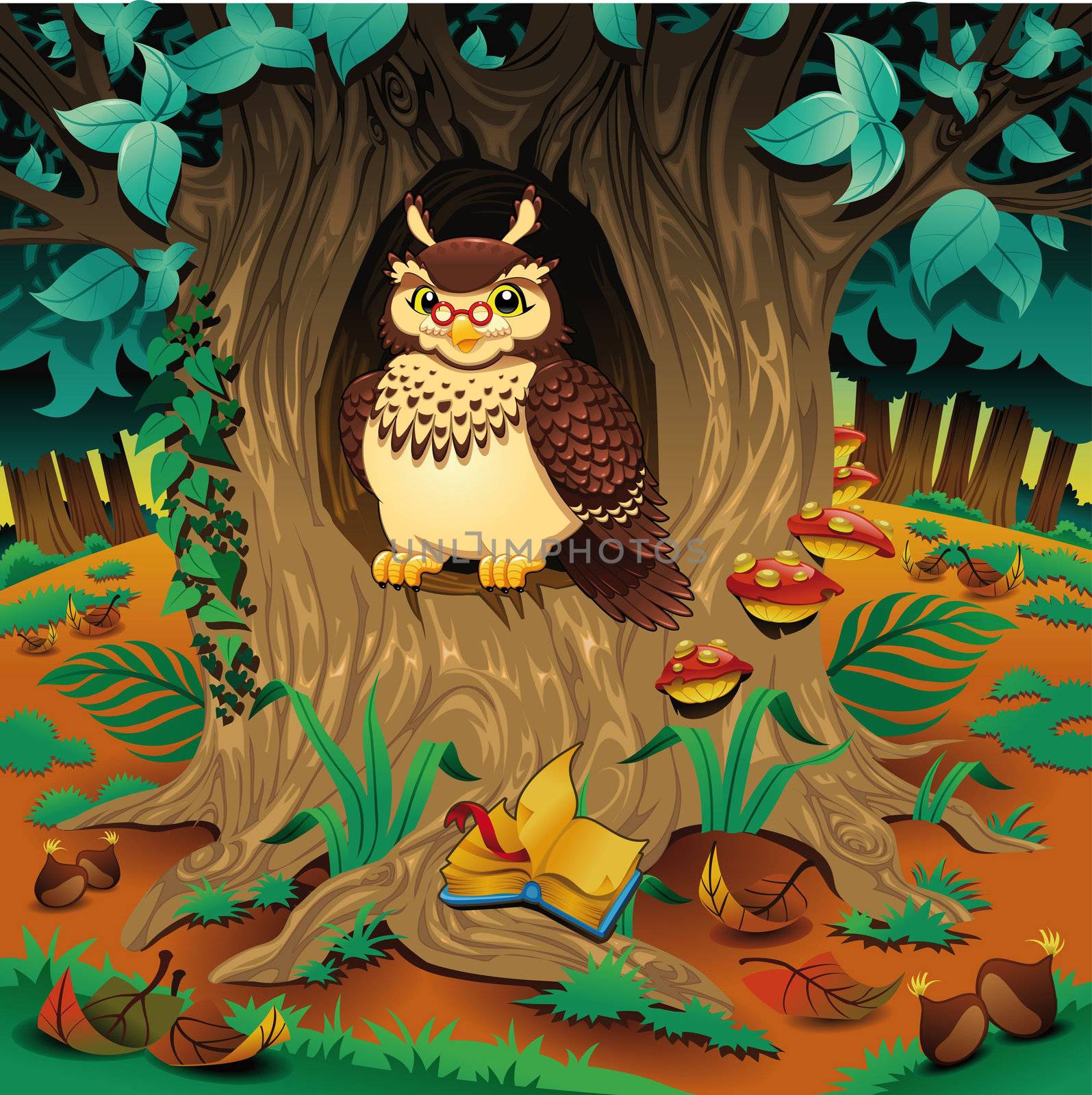 Scene with owl. Cartoon and vector illustration. Scene with owl. Cartoon and vector illustration.

