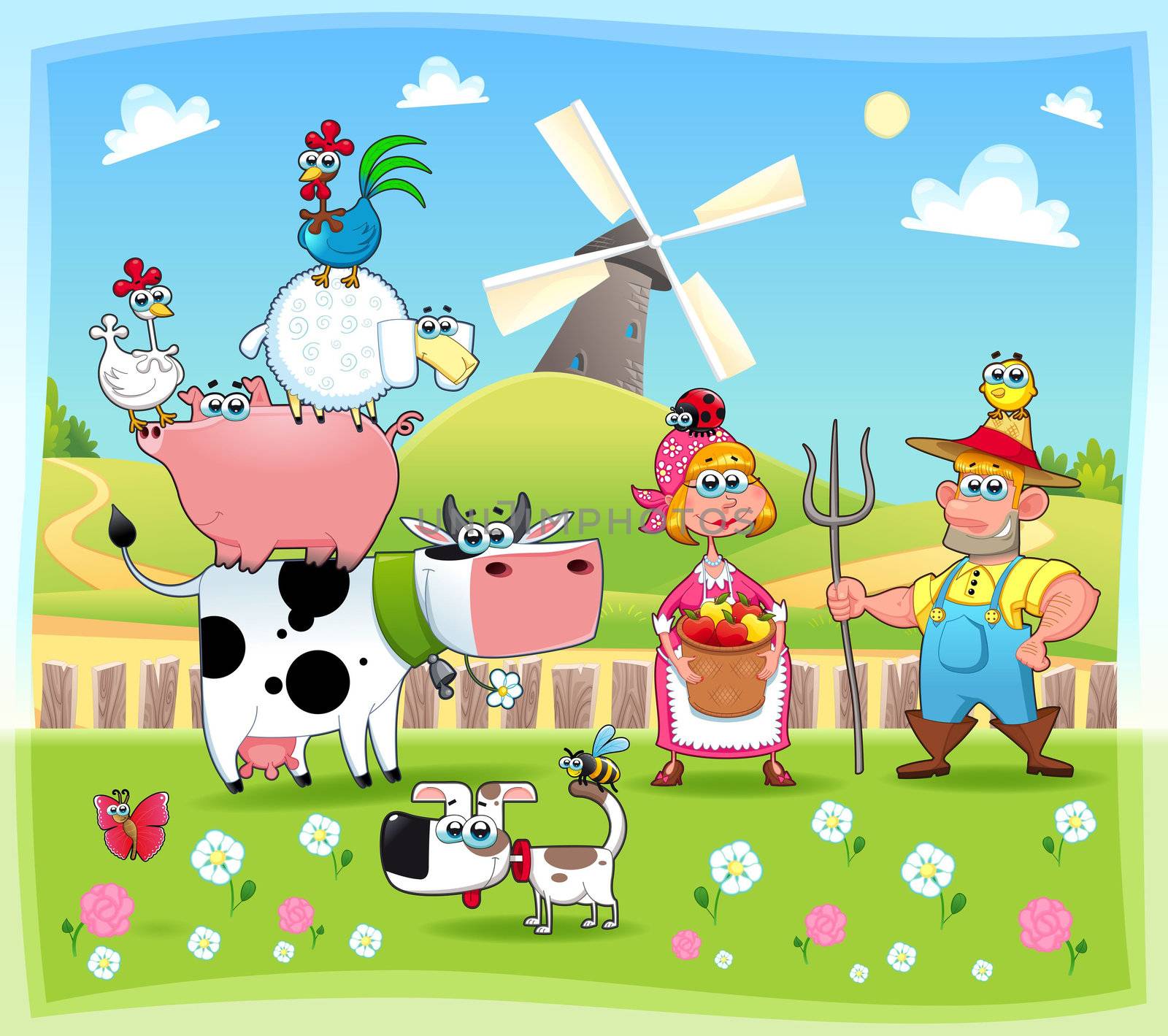 Funny farm family. Cartoon and vector illustration. Eps file contains isolated objects and characters. Funny farm family. Cartoon and vector illustration. Eps file contains isolated objects and characters.


