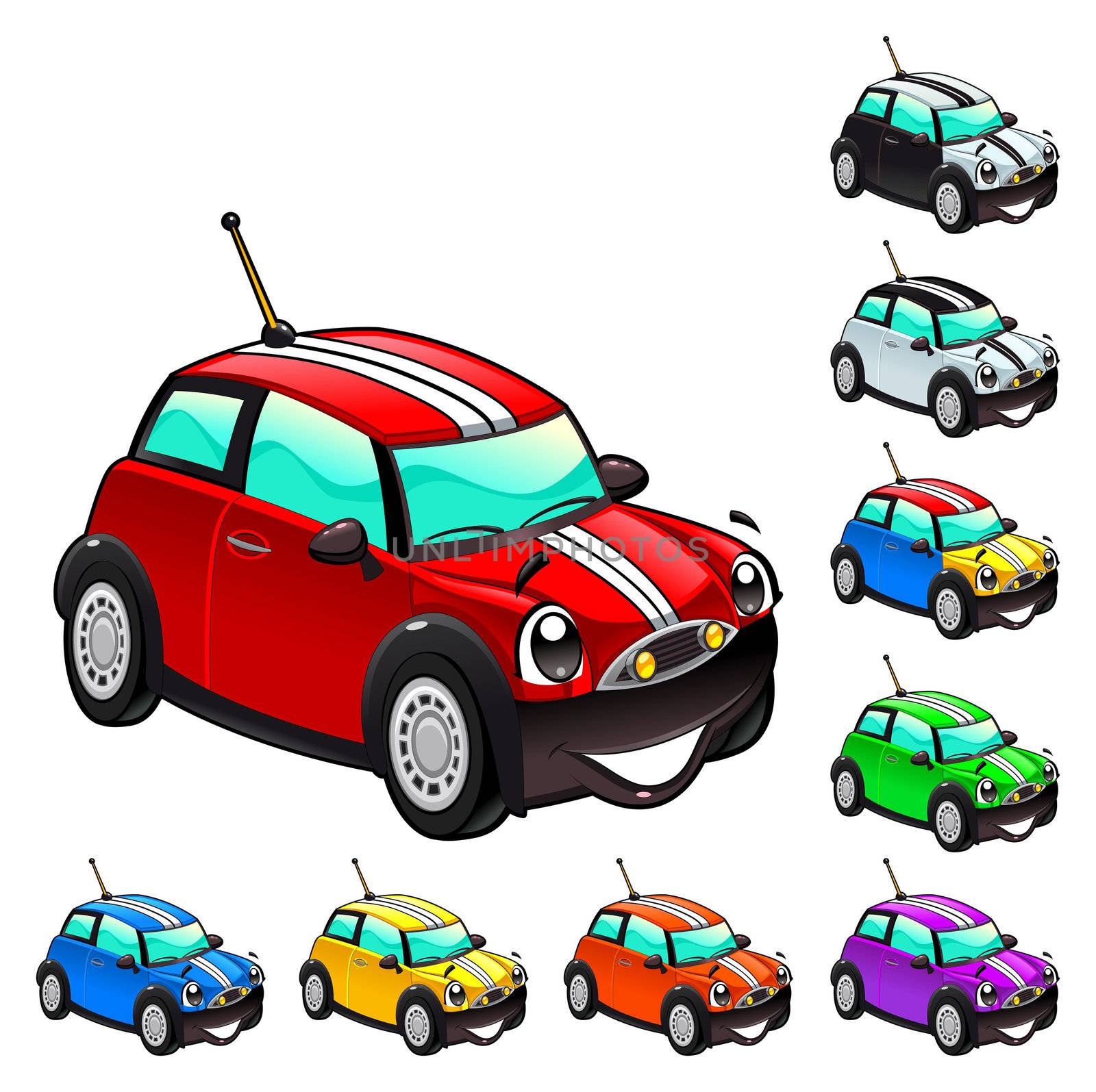 Funny cars in different colors. Cartoon and vector illustration. Funny cars in different colors. Cartoon and vector illustration.