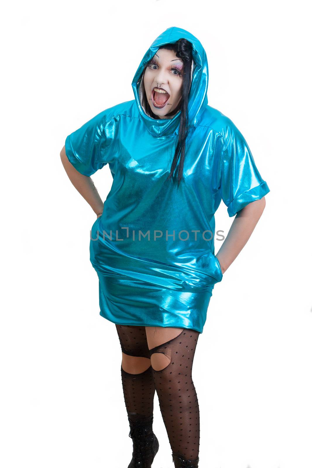 Screaming dark-haired woman with undercut hairstyle and piercings in her face wearing a blue shiny dress and broken nylons - all on white Background.