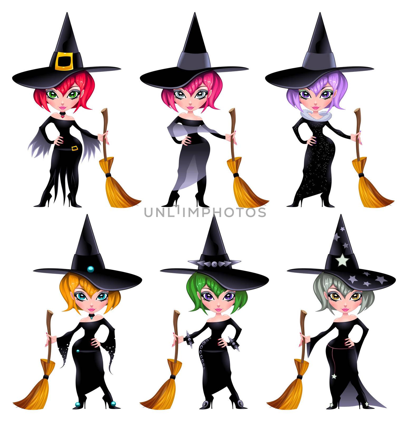Set of funny witches. Cartoon and vector isolated characters. Set of funny witches. Cartoon and vector isolated characters.