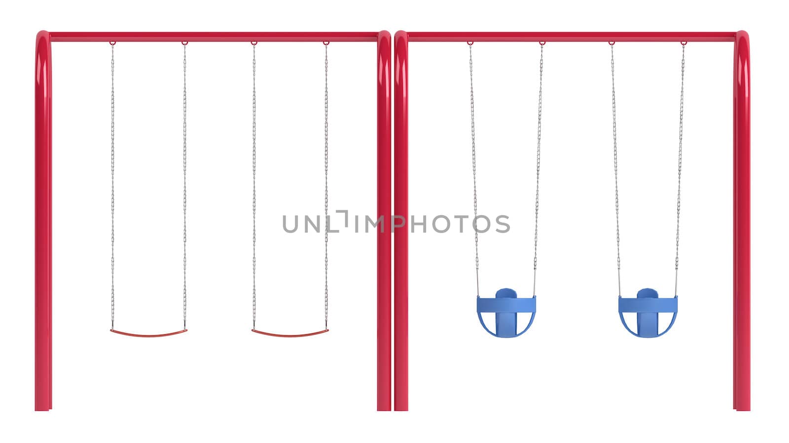 Childrens swings on a red metal tubular frame with two different seat types isolated on white