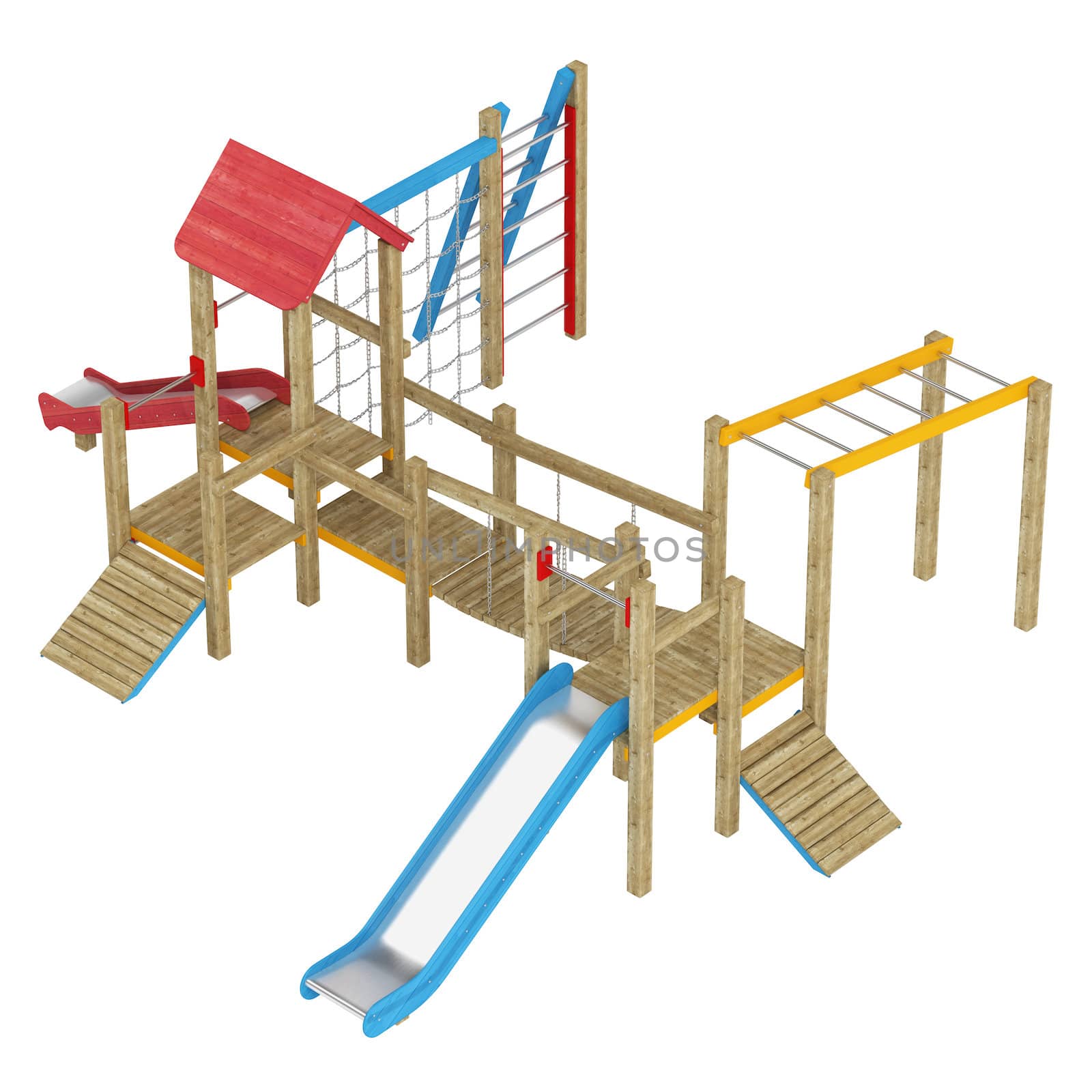 Wooden childrens playground apparatus with slides, climbing frames and walkway isolated on white