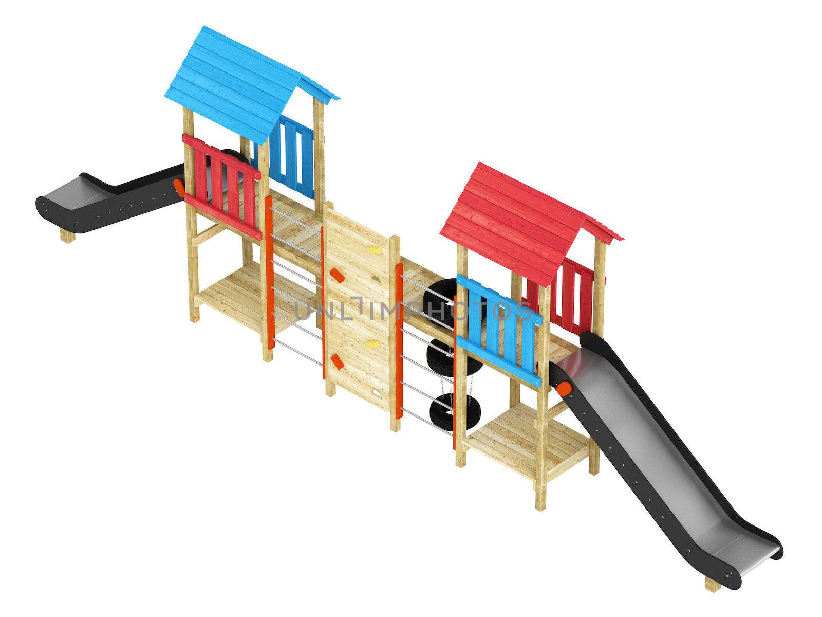 Roofed wooden structure with a double slide for childrens playground isolated on a white background