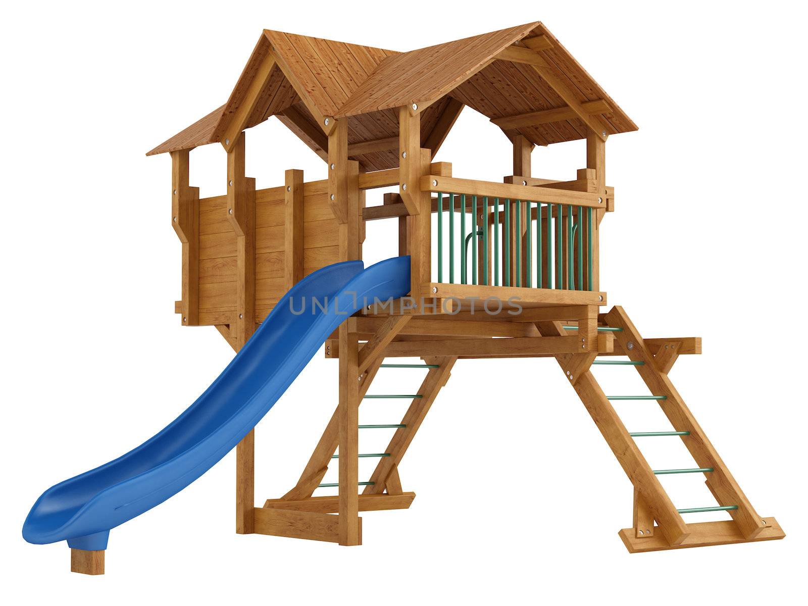 Covered wooden platform and slide with ladders for kids to scramble up while playing in a playground isolated on a white background
