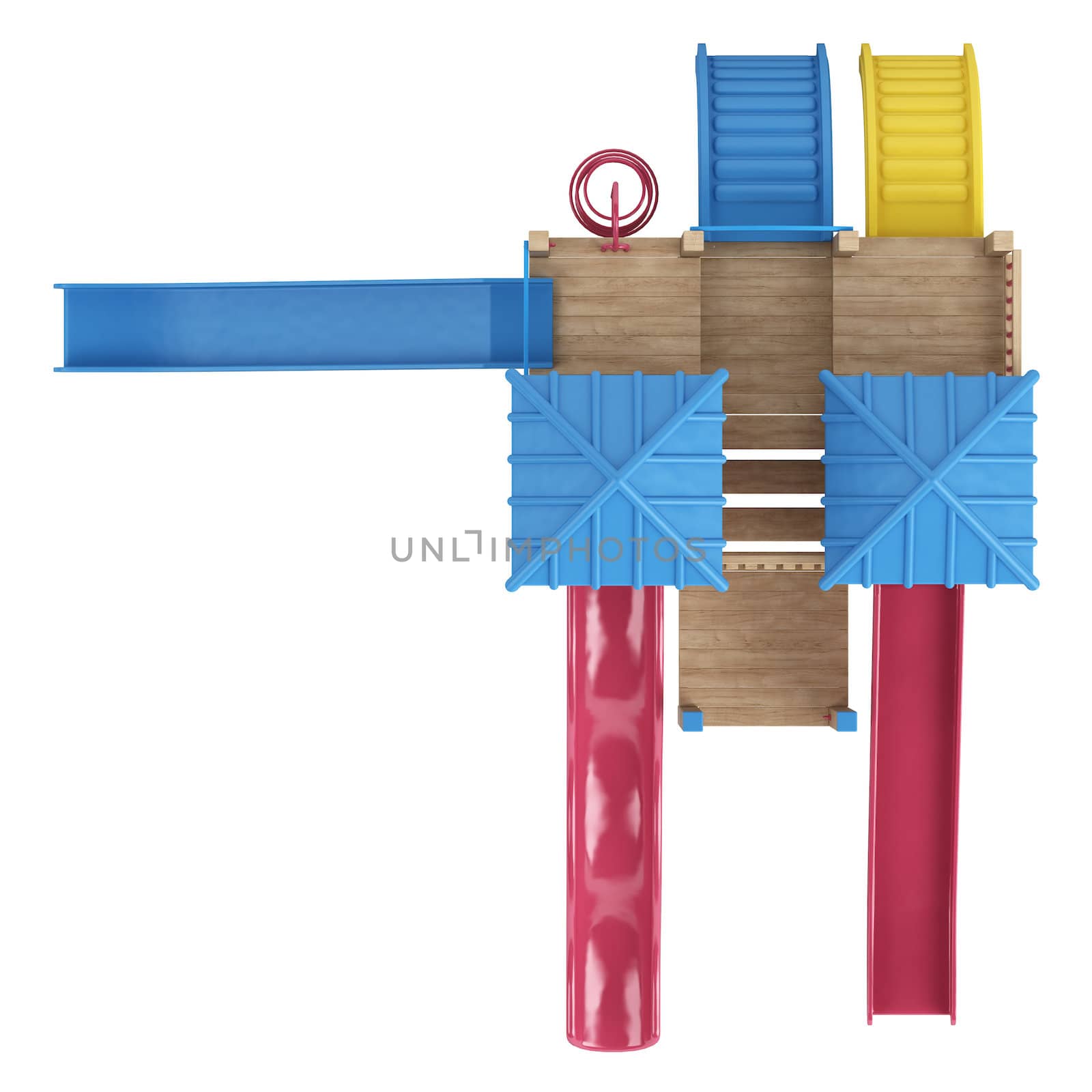 Chilrens wooden playground equipment with covered platforms and three slides isolated on a white background