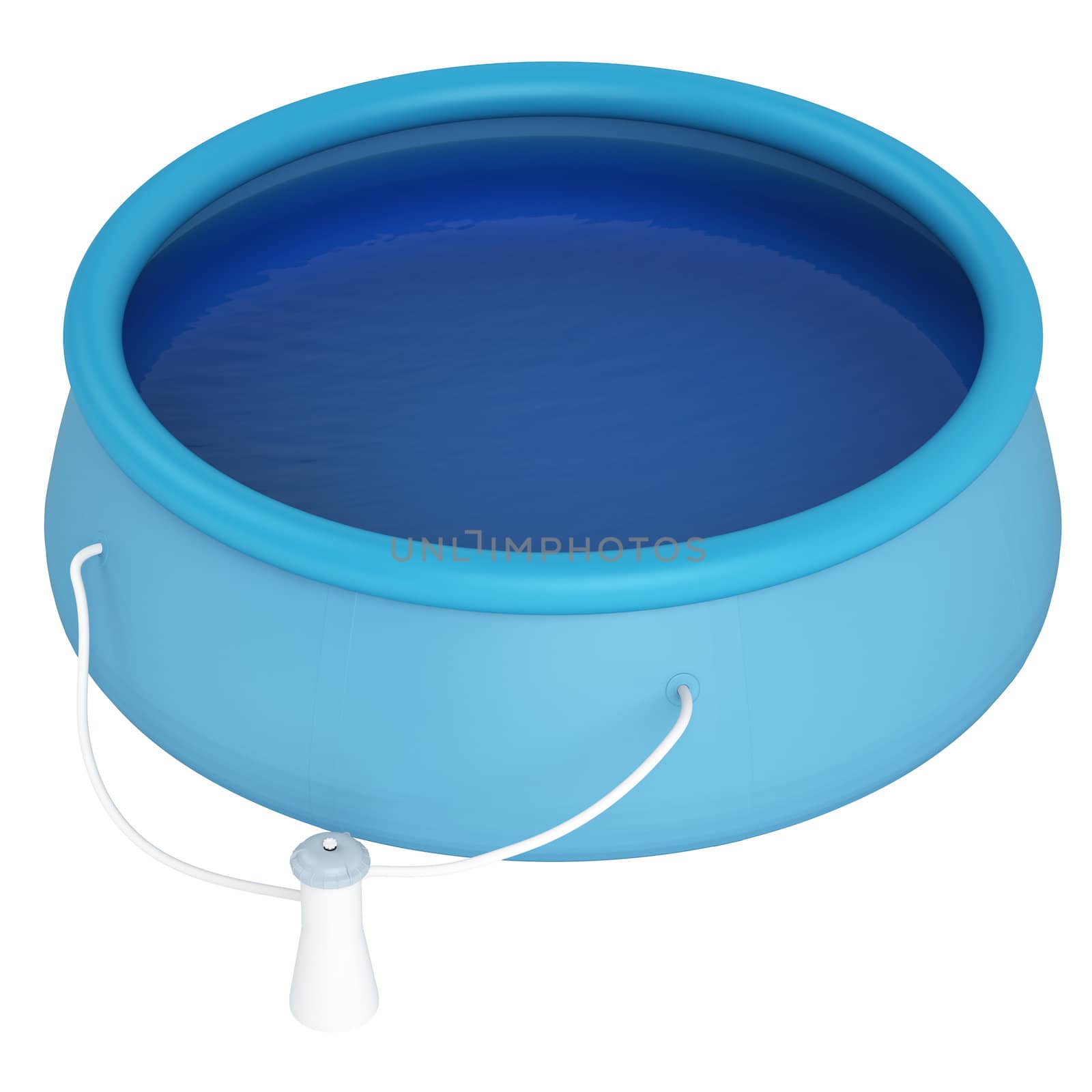 Childs blue plastic swimming pool filled with water and with an attached filter isolated on white