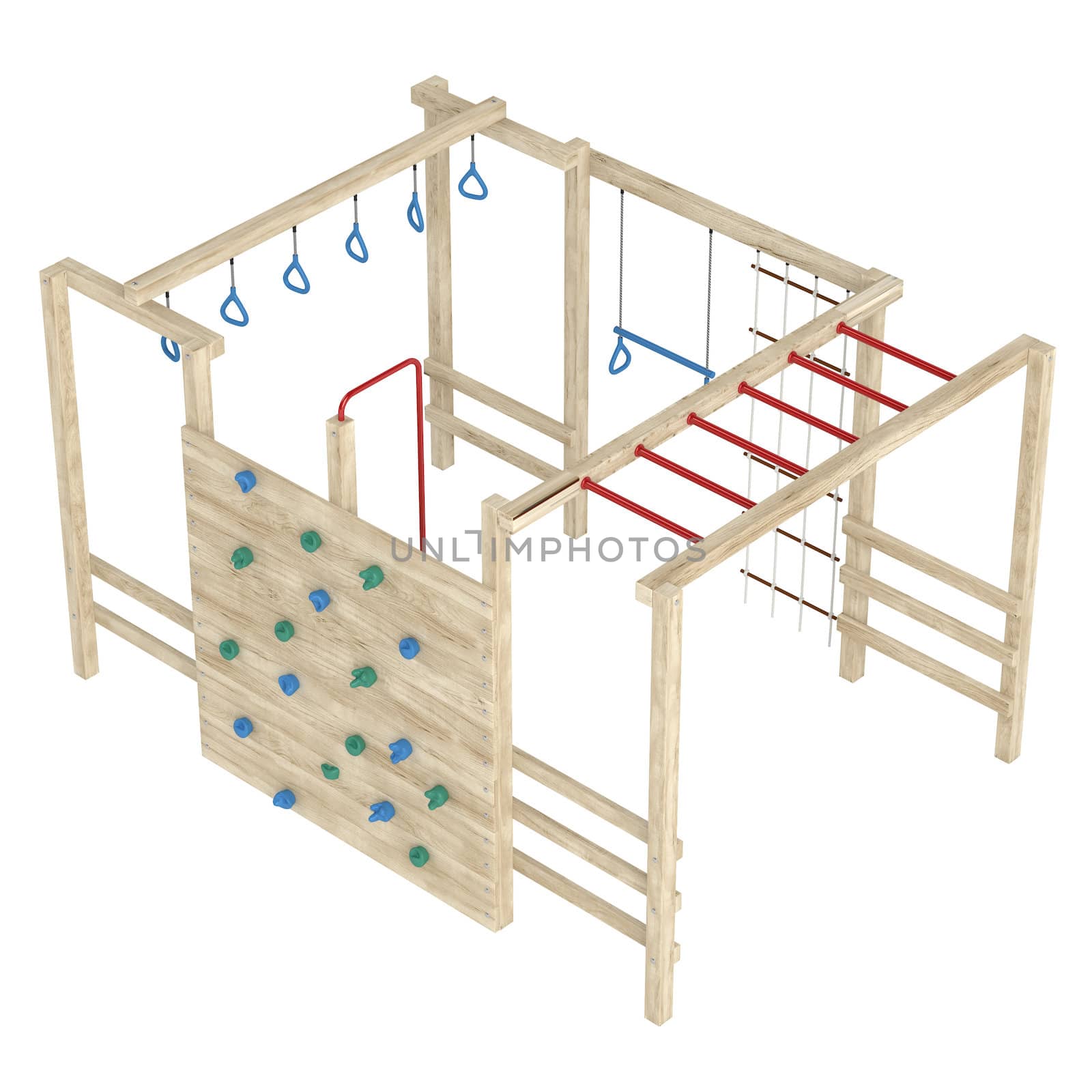 Wooden jungle gym or climbing frame with handholds, footholds and ropes isolated on a white background