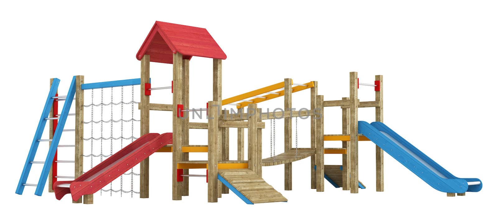Wooden childrens playground apparatus with slides, climbing frames and walkway isolated on white