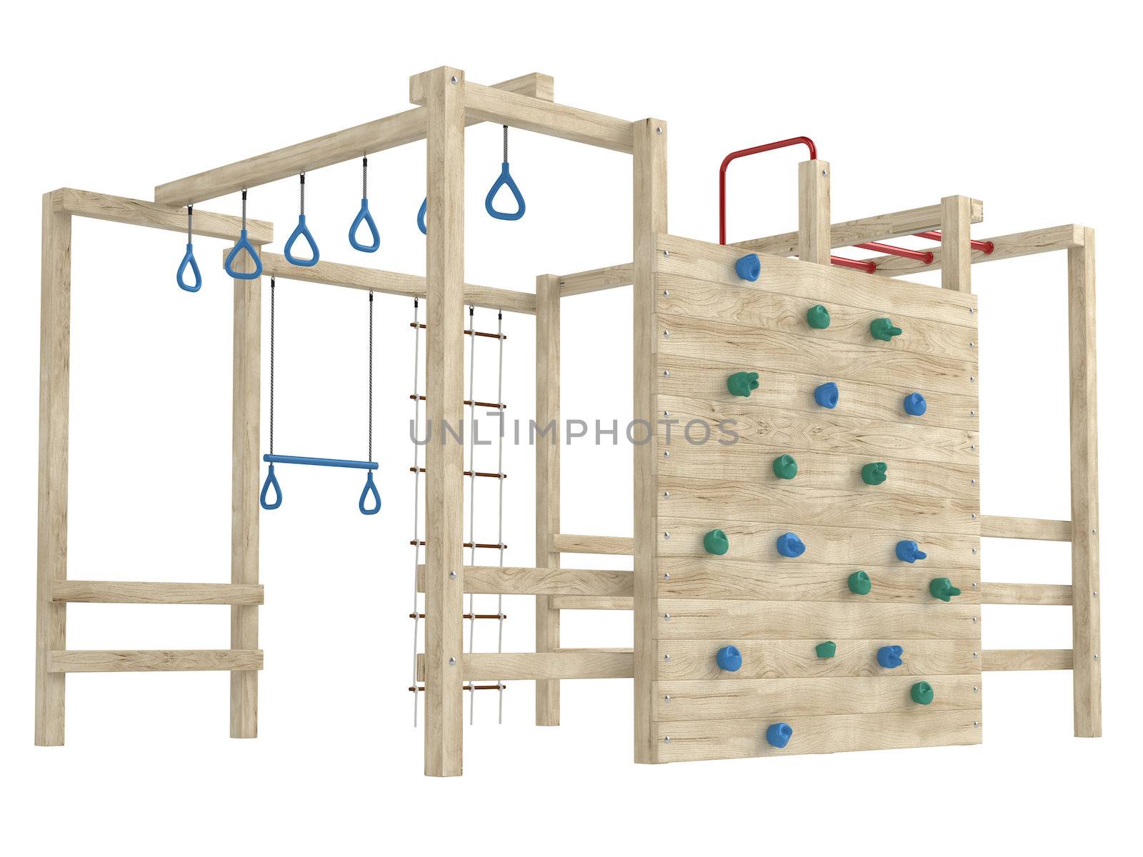 Wooden jungle gym or climbing frame with handholds, footholds and ropes isolated on a white background