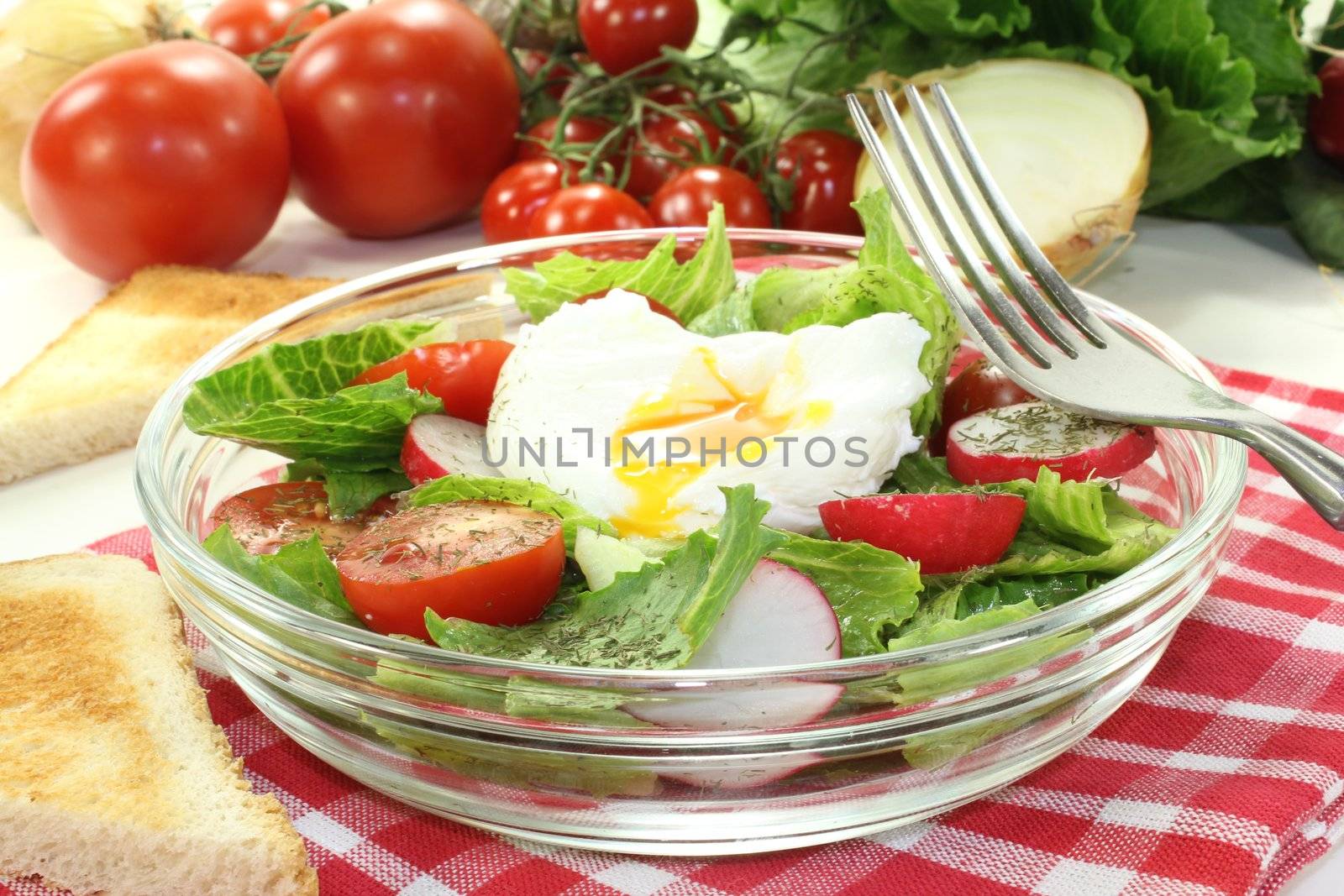 Salad with poached egg, cherry tomatoes, radishes and lettuce on a light background