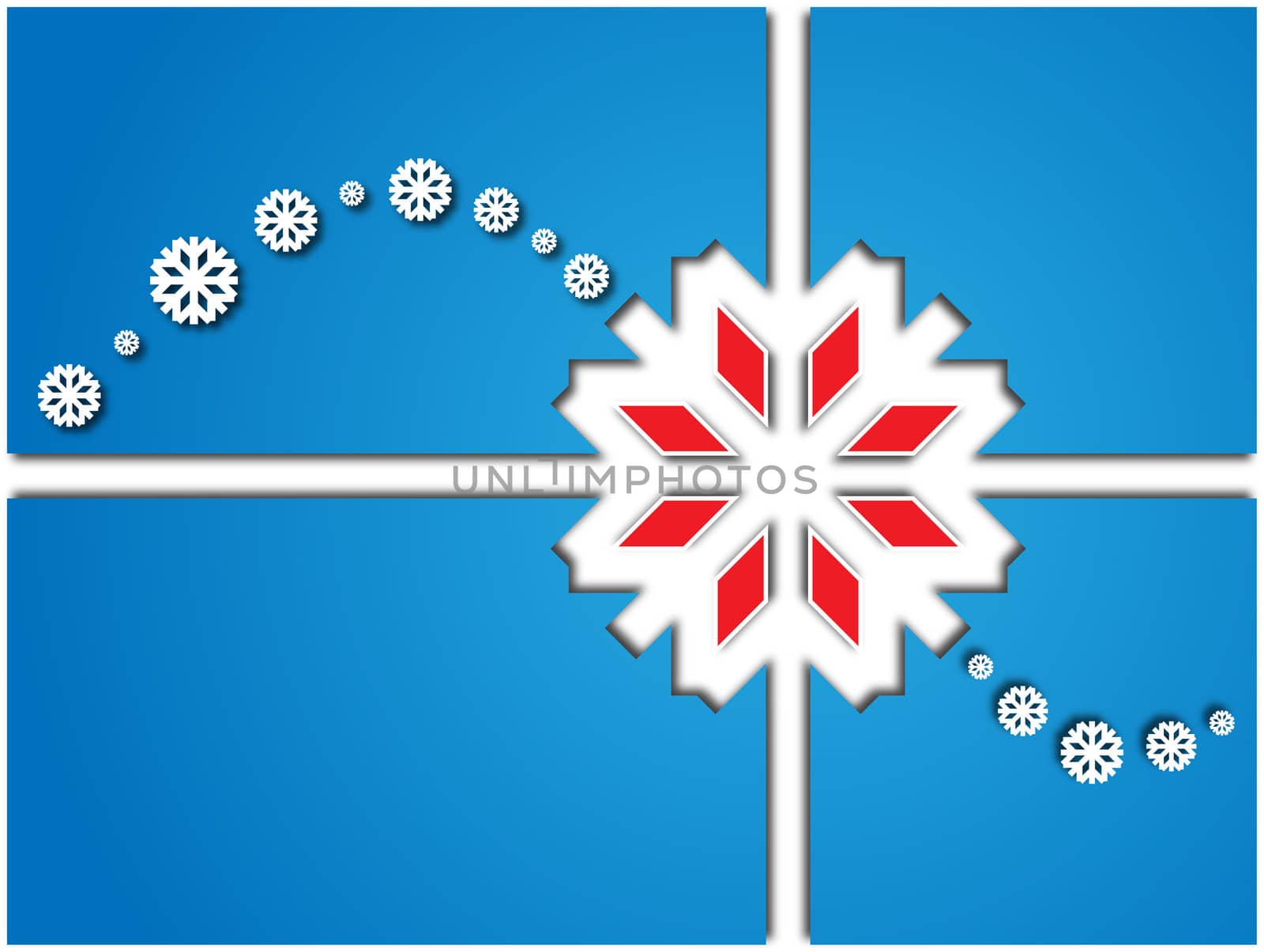 card with blue area divided into quarters snowflakes and wavelets