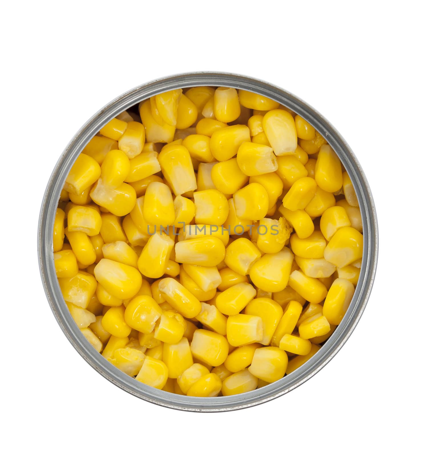Can of sweet corn from directly above, isolated on a white background.