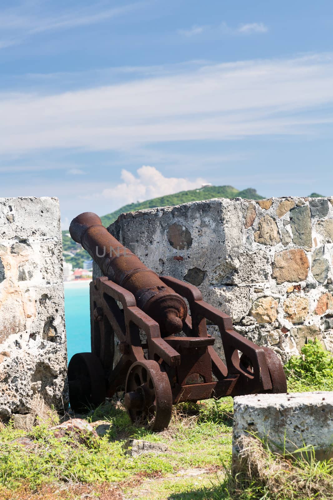 Old rusting cannon at Fort Amsterdam overlooking Philipsburg Sint Maarten