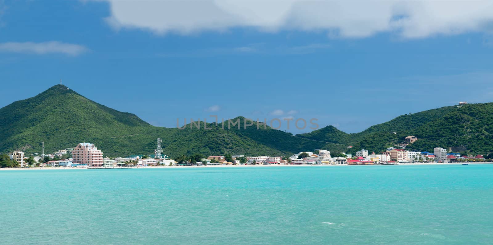 Panorama of town of Philipsburg in Sint Maarten or Saint St. Martin in Caribbean