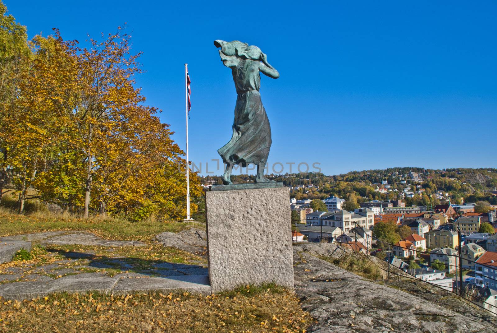 joseph grimeland (born January 2, 1916 in oslo, died 10 october 2002) was a norwegian sculptor and this monument stands on top of the "rødsberg" (roedsberg) mountain in halden city and overlooks the town, image is shot in october 2012.