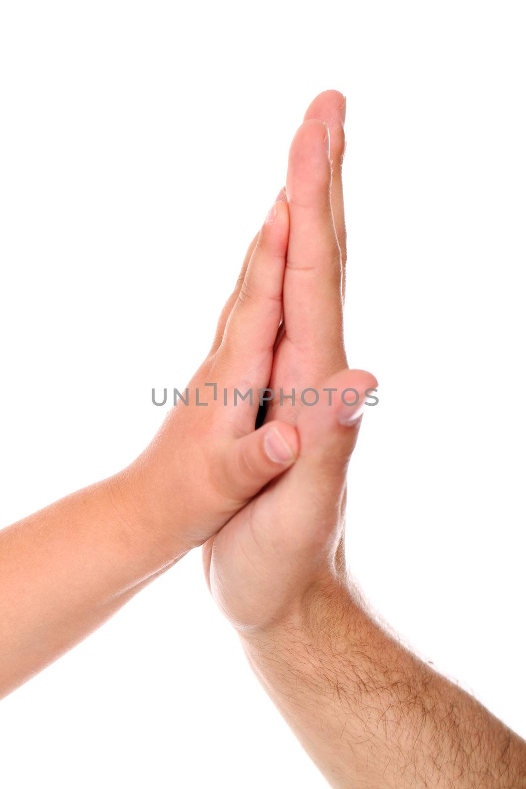 Hand shake of the child and father isolated on a white
