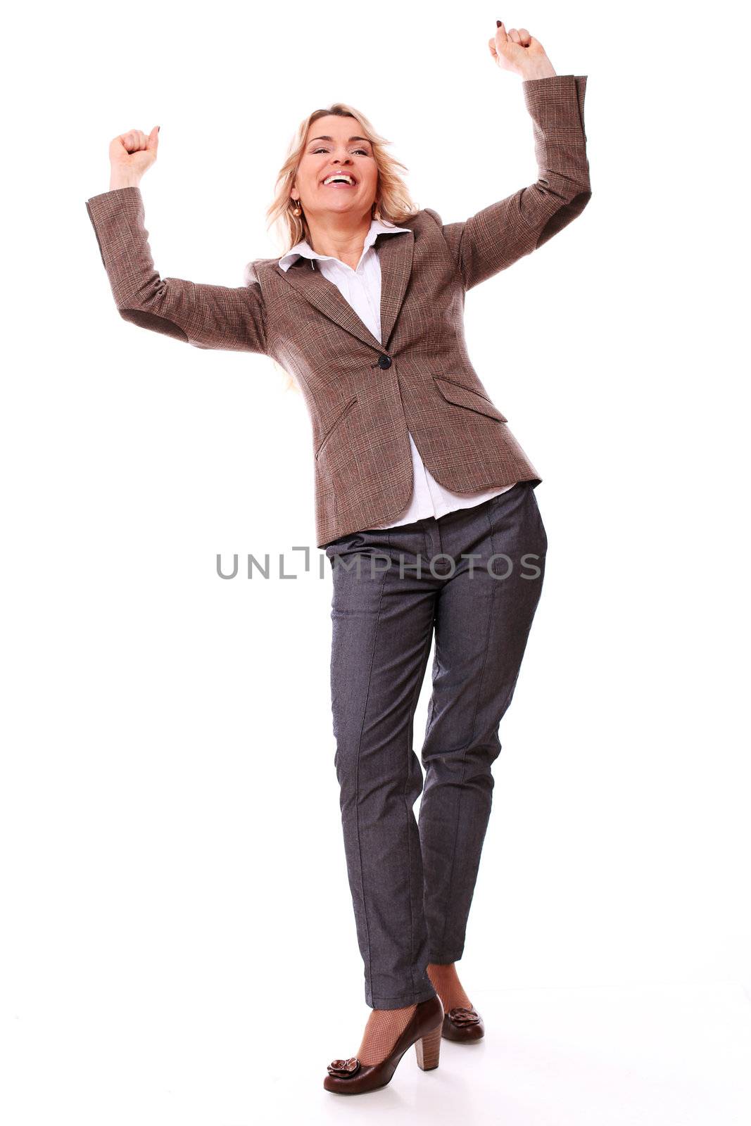 Happy 40 years old businesswoman victory on a white background