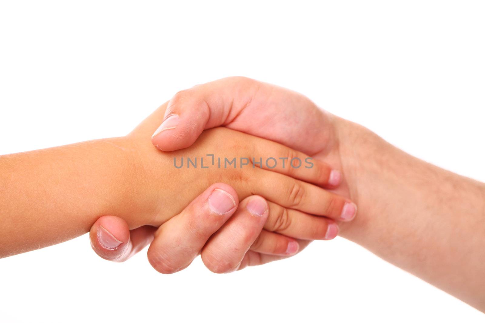 Hand shake of the child and father isolated on a white
