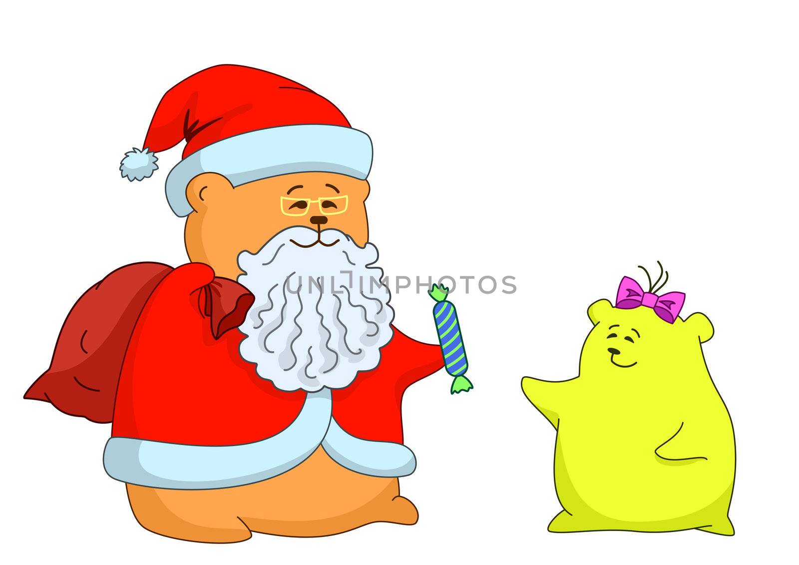 Santa Claus pillow in red fur coat and cap handing over candy to the little girl pillow