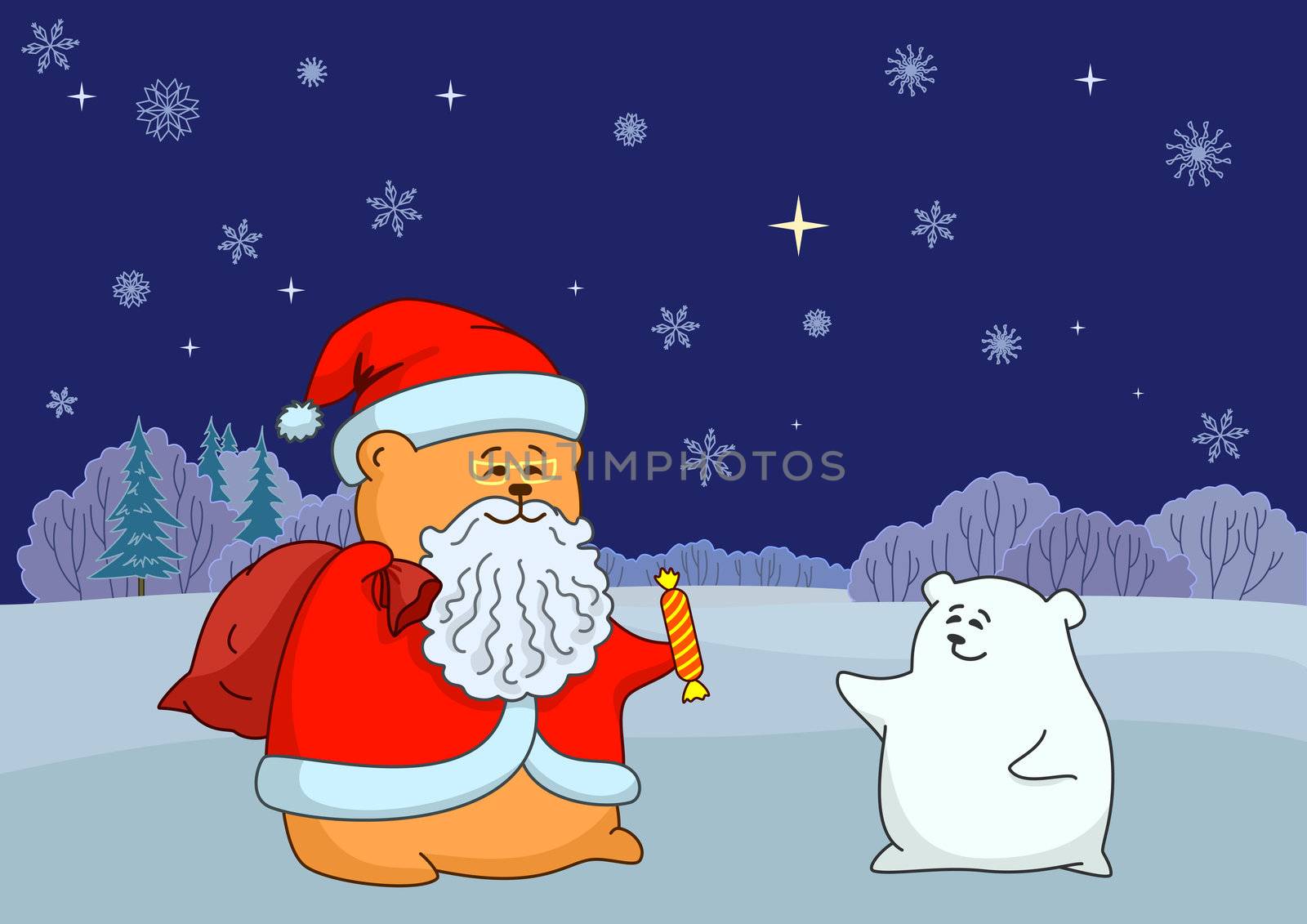Toy Santa Claus and polar bear against night winter forest
