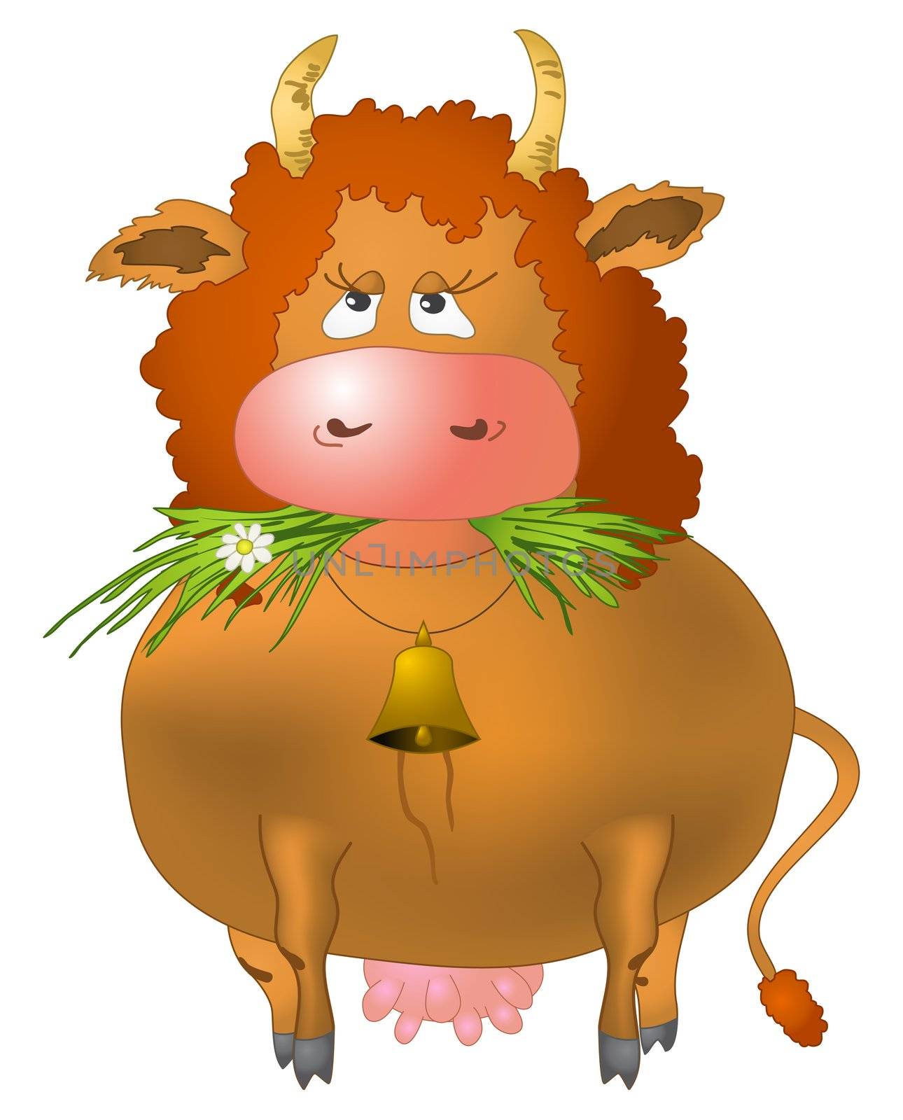 Red curly cow eats a green grass, isolated