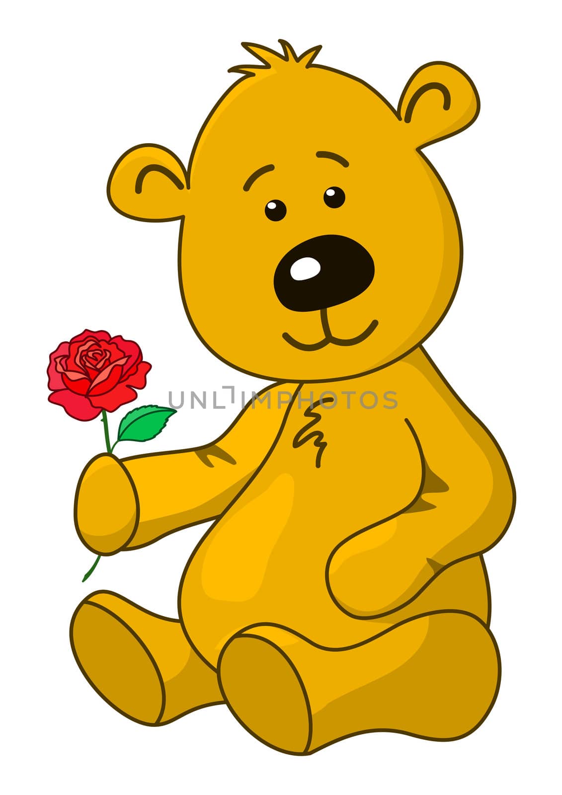The kind teddy bear sits and holds a rose flower in a paw: it to you a gift